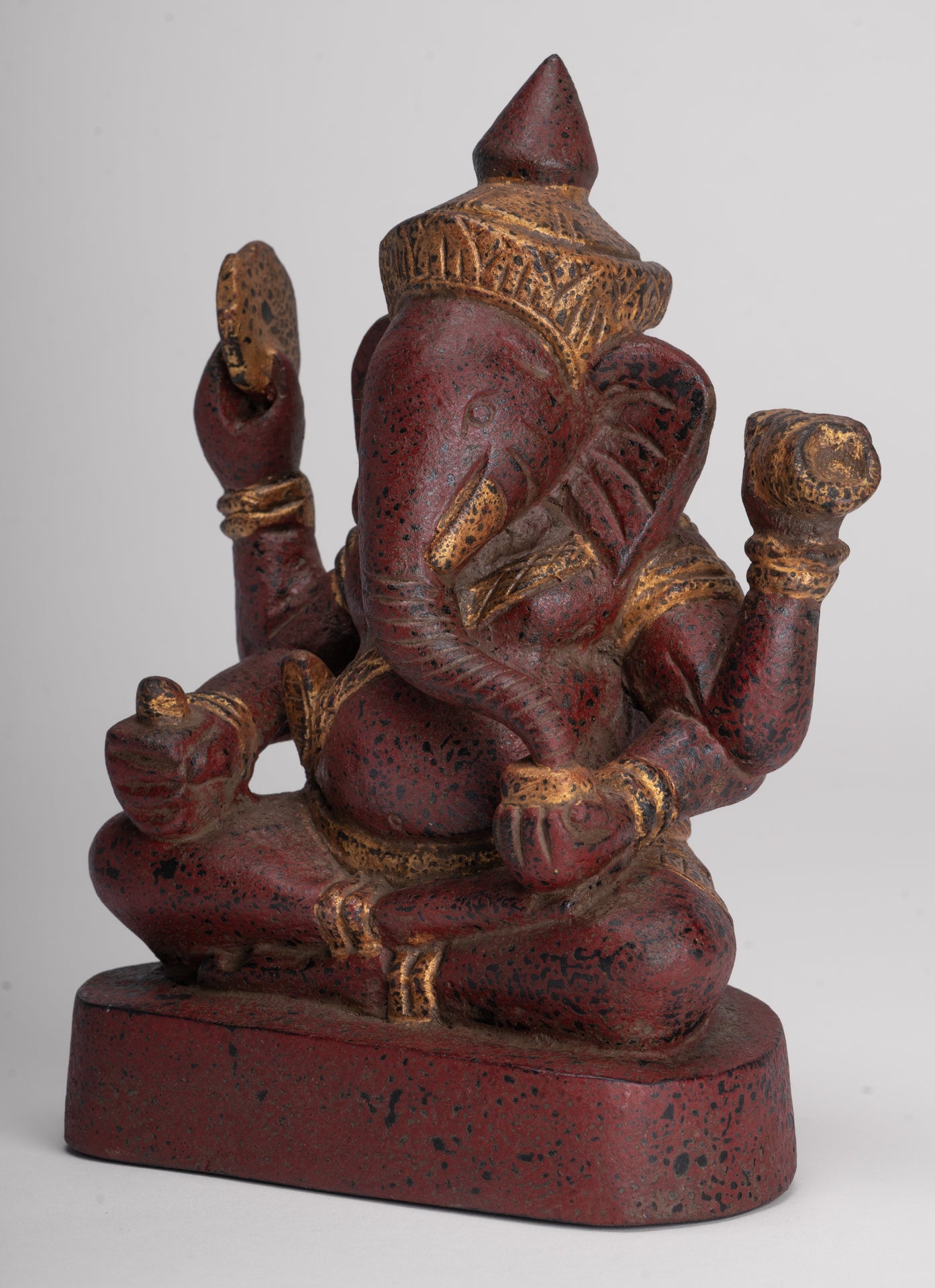 Ganesh Statue - Antique Khmer Style Seated Wood Ganesha Statue - 22cm/9"