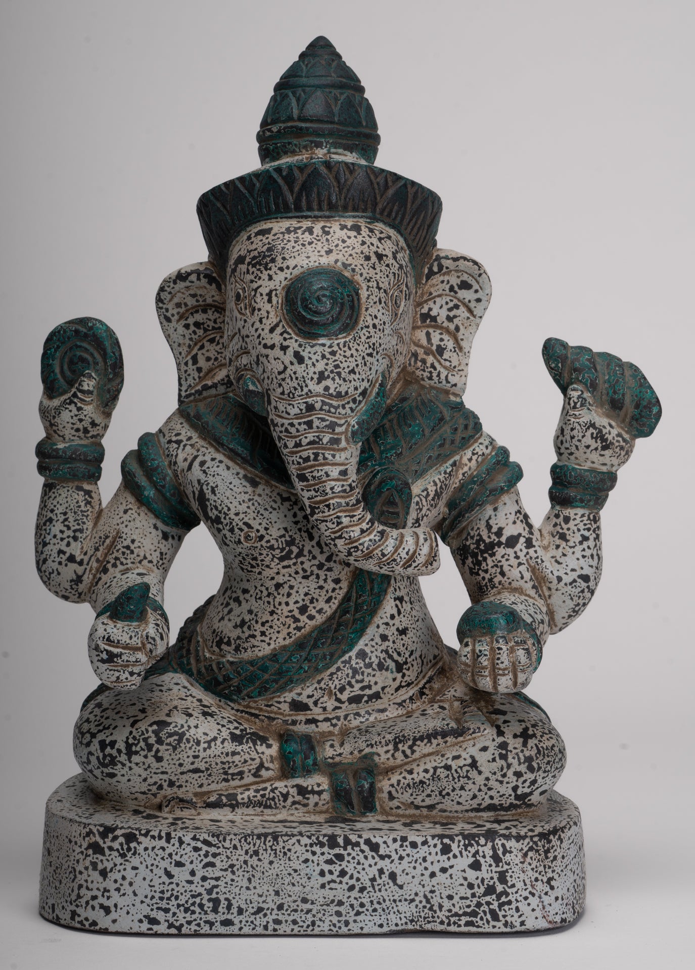 Ganesh Statue - Antique Khmer Style Seated Wood Ganesha Statue - 34cm/14"