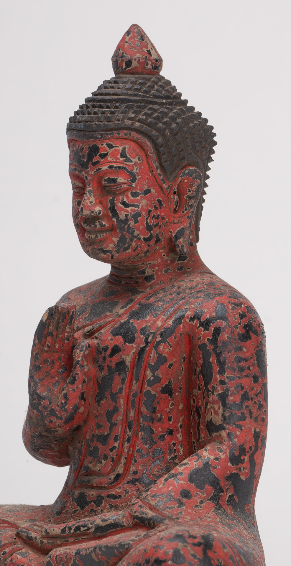 Antique Khmer Style Seated Wood Buddha Statue Teaching Mudra - 19cm/8"