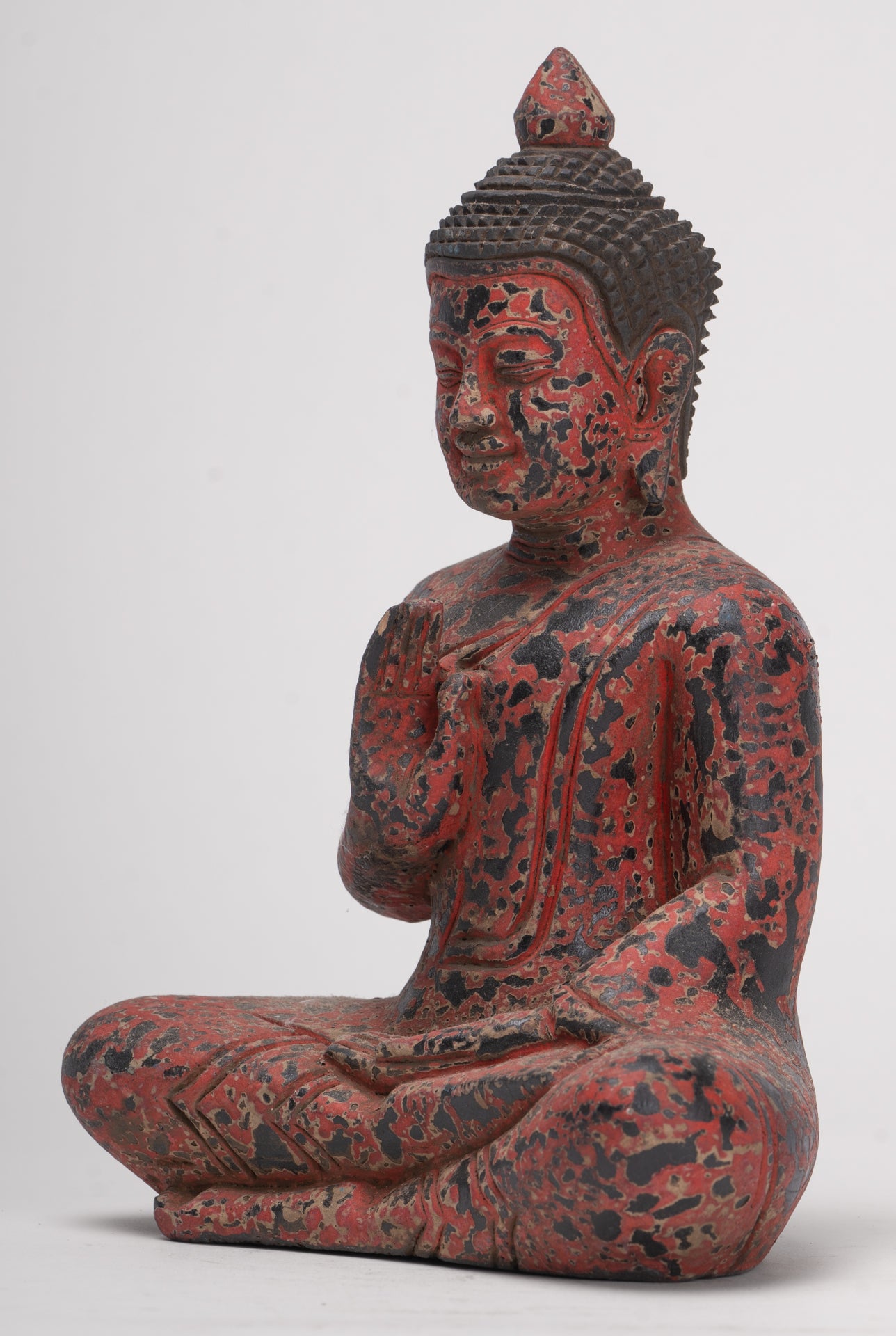 Antique Khmer Style Seated Wood Buddha Statue Teaching Mudra - 19cm/8"