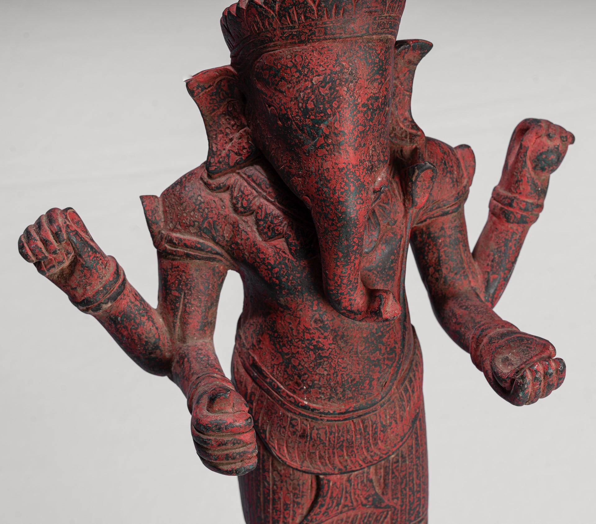 Ganesha Statue - Antique Bayon Style Standing Khmer Red Wood Standing Ganesha Statue - 60cm/24"