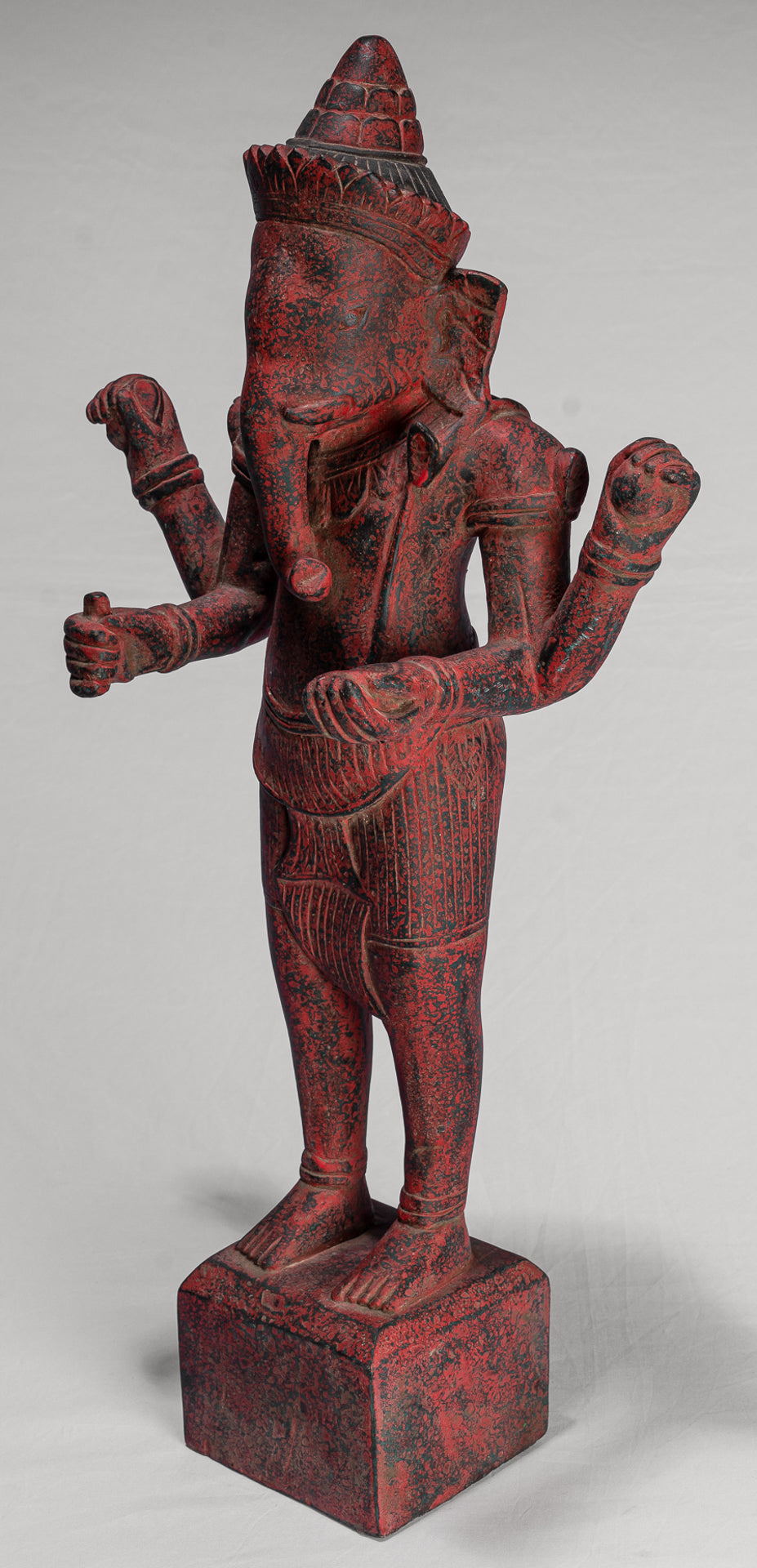 Ganesha Statue - Antique Bayon Style Standing Khmer Red Wood Standing Ganesha Statue - 60cm/24"