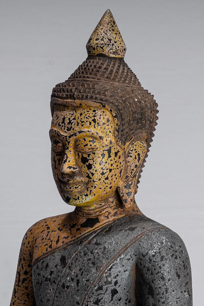 Buddha Statue - Antique Khmer Style SE Asia Seated Wood Enlightenment Buddha Statue - 45cm/18"