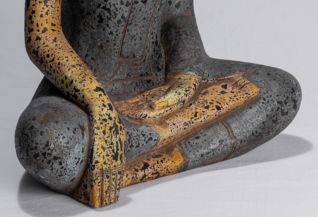 Buddha Statue - Antique Khmer Style SE Asia Seated Wood Enlightenment Buddha Statue - 45cm/18"