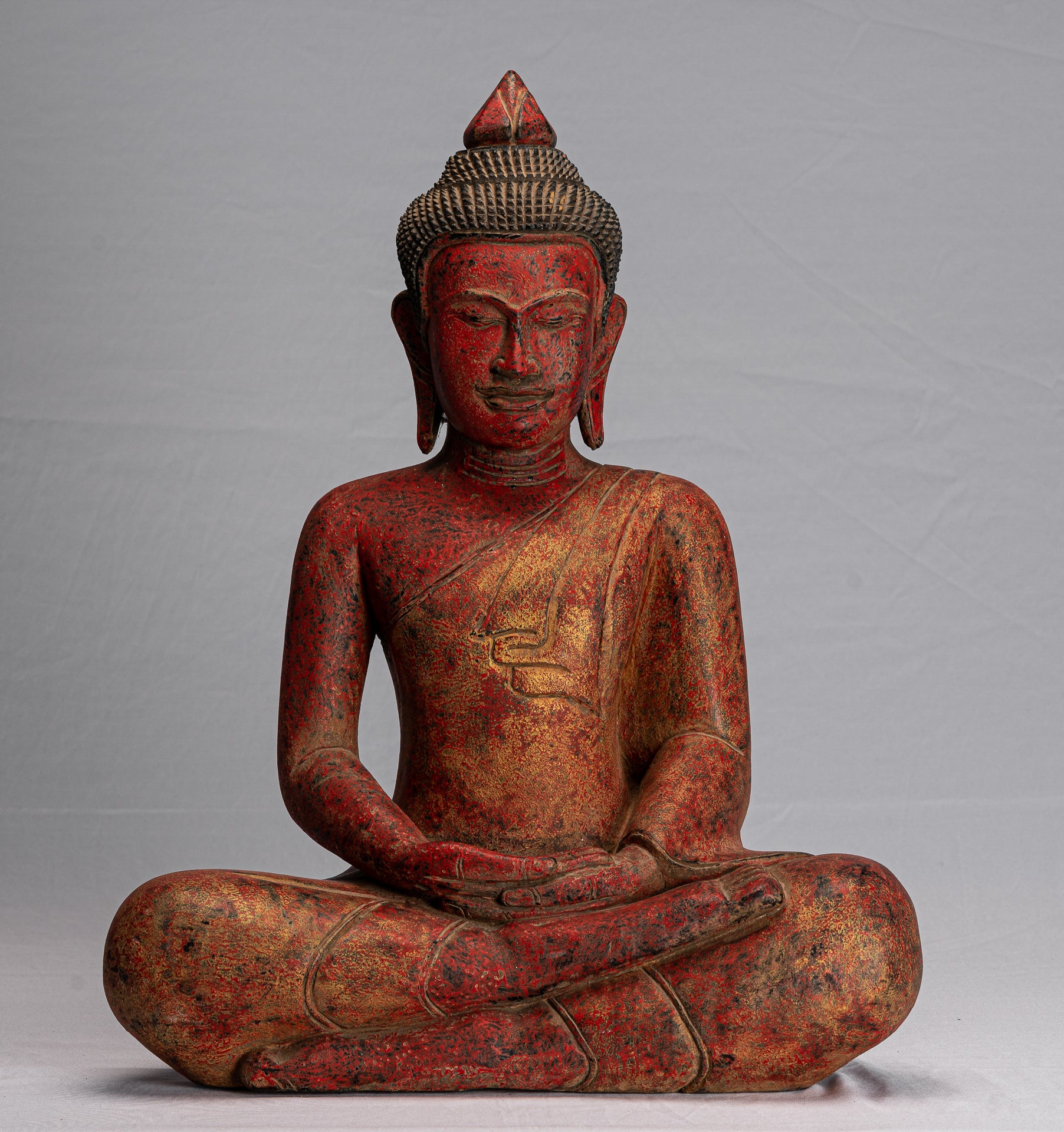 Buddha Statue - Antique Khmer Style SE Asia Seated Wood Meditation Buddha Statue - 51cm/20"