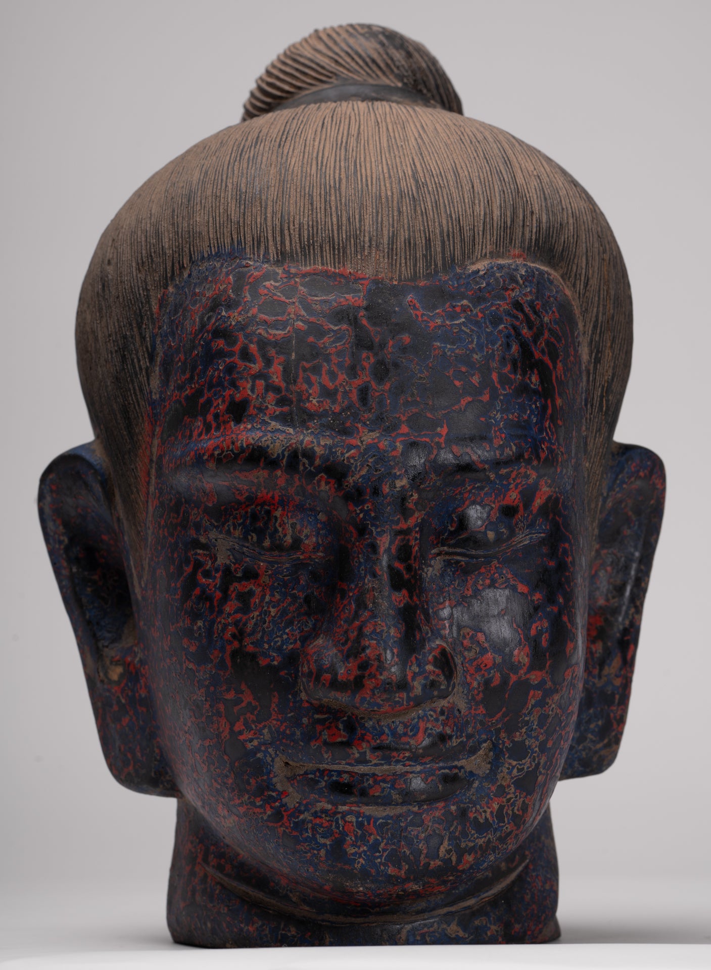 Jayavarman Statue - Antique Khmer Style Wood Jayavarman VII Head Statue - 29cm/12"