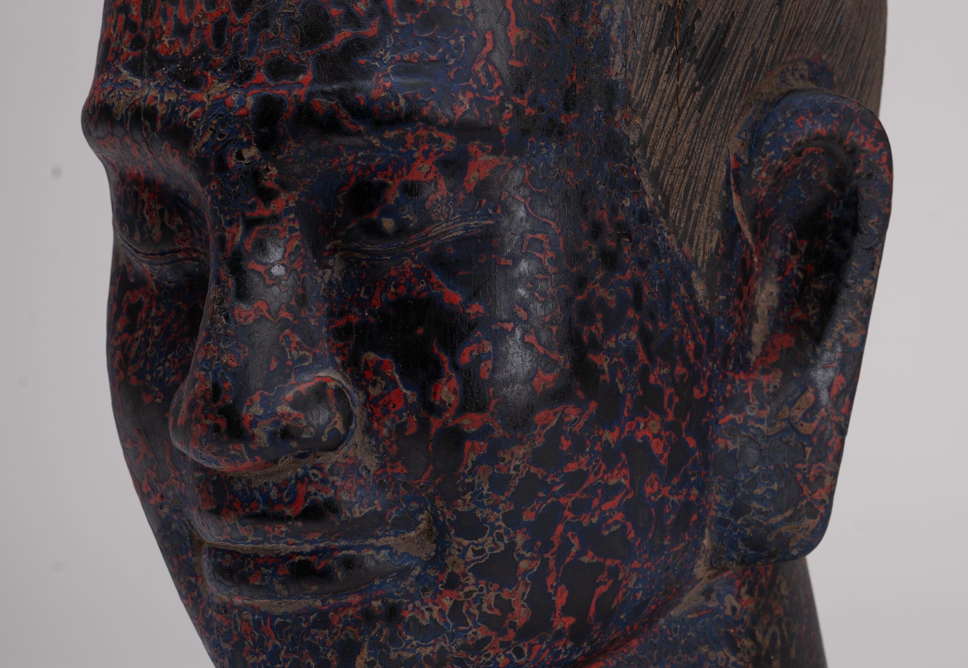 Jayavarman Statue - Antique Khmer Style Wood Jayavarman VII Head Statue - 29cm/12"