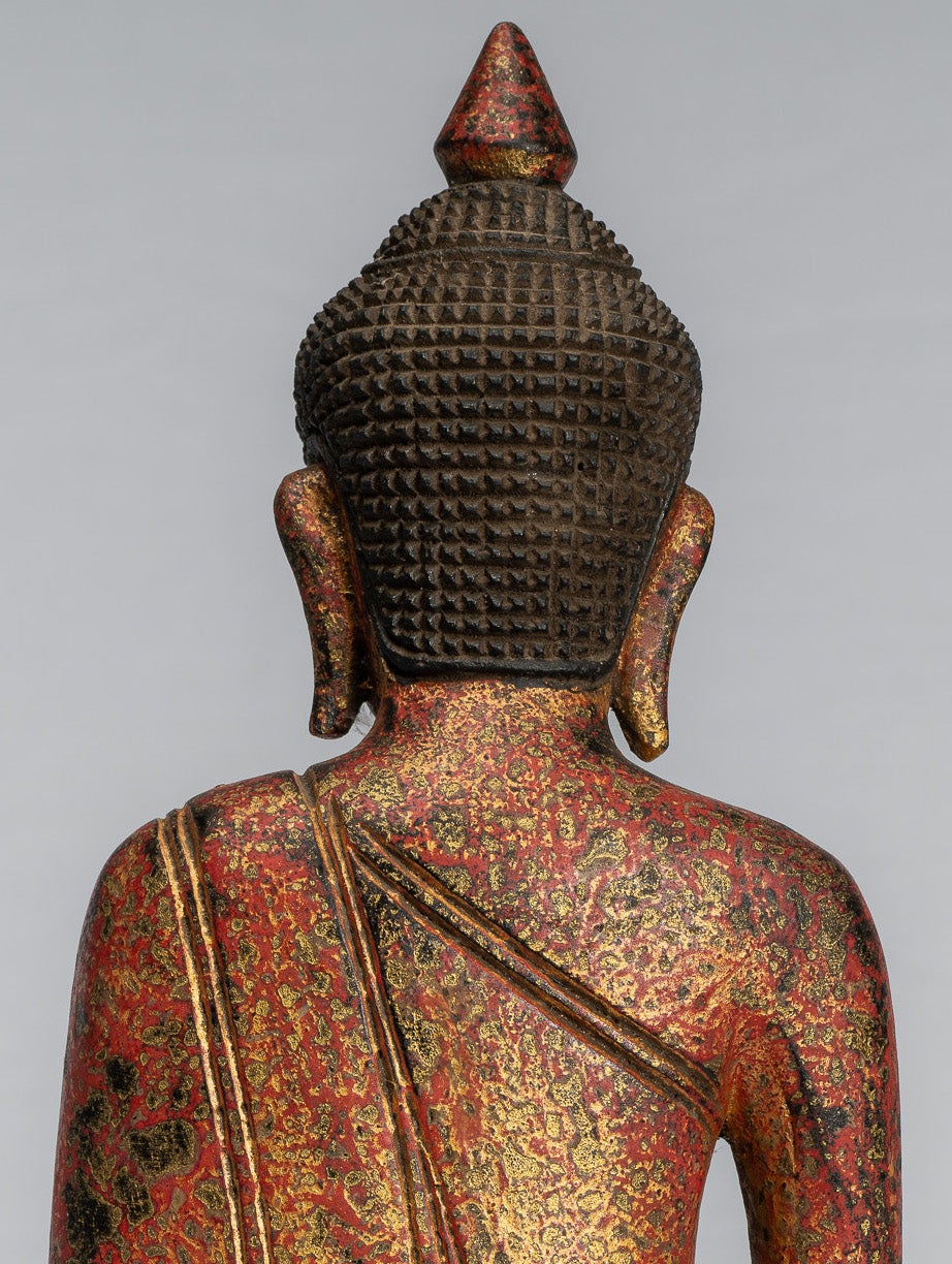 Sculpture de Bouddha – Statue de Bouddha assis en bois de style khmer antique Dhyana Méditation Mudra – 31 cm/12"