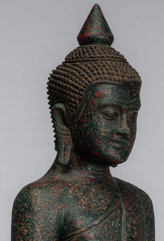 Buddha Statue - Antique Khmer Style SE Asia Seated Wood Enlightenment Buddha Statue - 39cm/16"