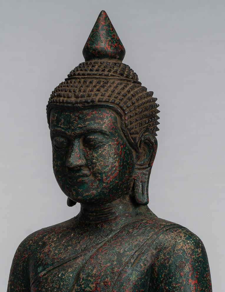 Buddha Statue - Antique Khmer Style SE Asia Seated Wood Enlightenment Buddha Statue - 39cm/16"