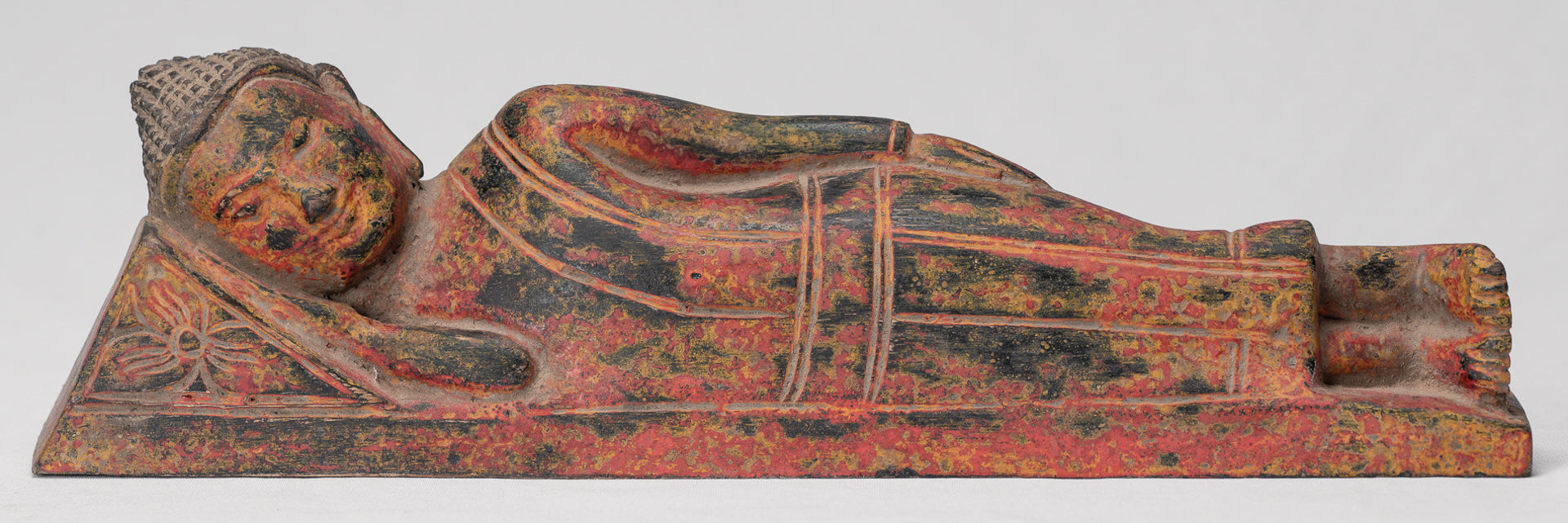 Buddha Statue - Antique Thai Style Wood Reclining Nirvana Buddha Statue - 30cm/12" Long