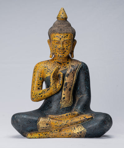 Sculpture de Bouddha – Bouddha – Statue de Bouddha assis en bois de style khmer antique, enseignement Mudra – 40 cm