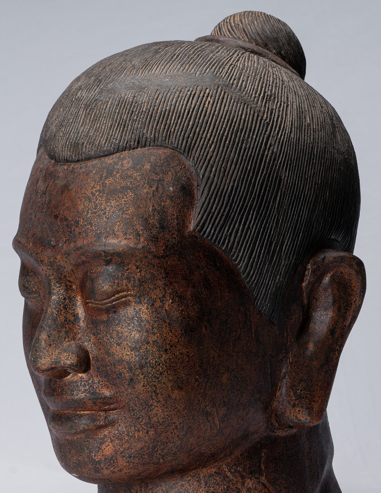 Jayavarman Statue - Antique Khmer Style Wood Jayavarman VII Head Statue - 42cm/17"