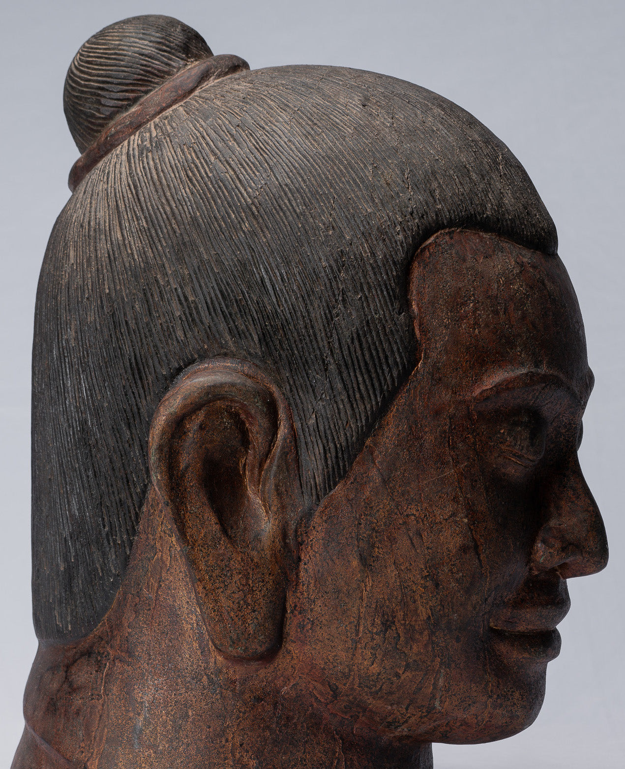 Jayavarman Statue - Antique Khmer Style Wood Jayavarman VII Head Statue - 42cm/17"