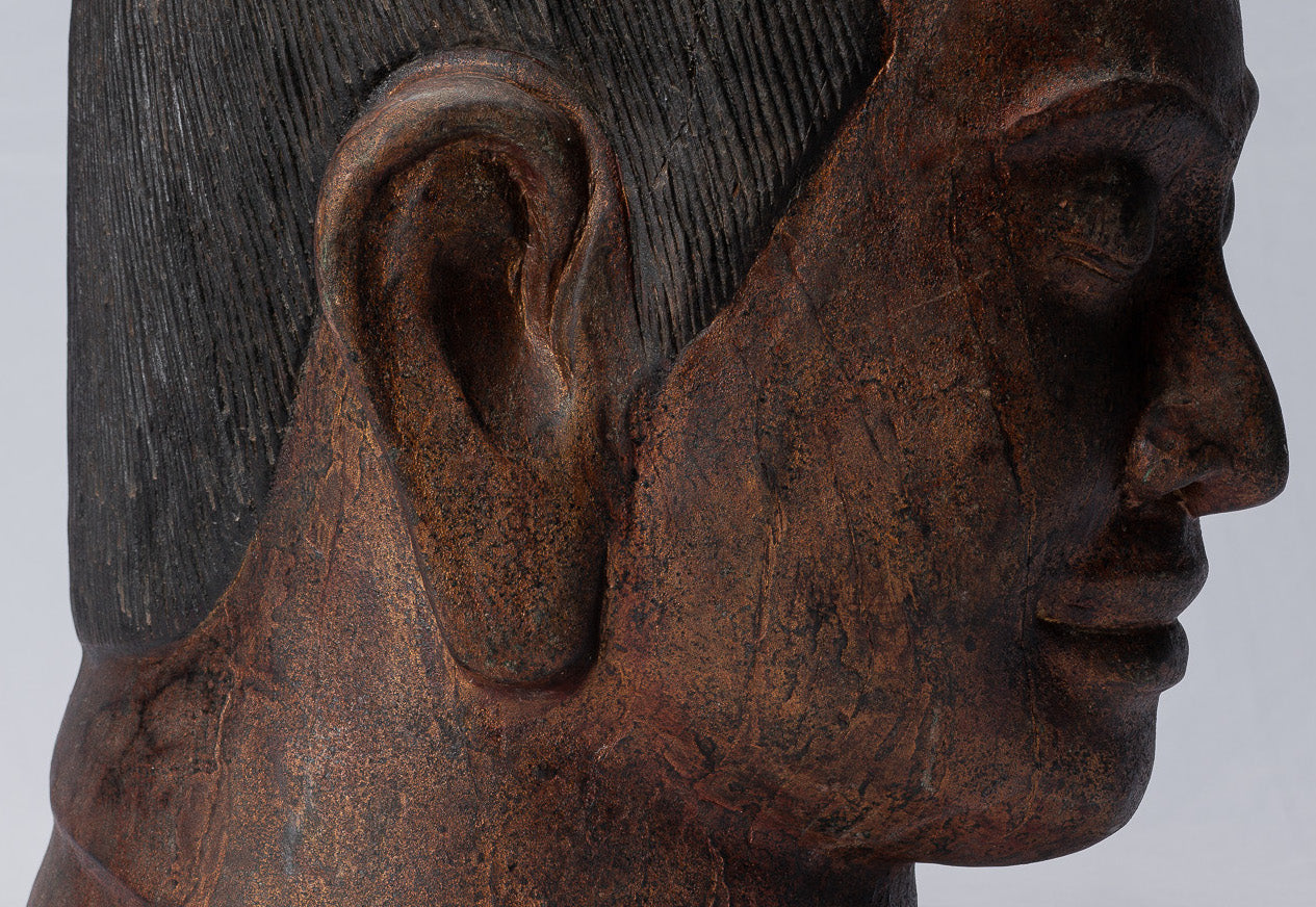 Jayavarman Statue - Antique Khmer Style Wood Jayavarman VII Head Statue - 42cm/17"