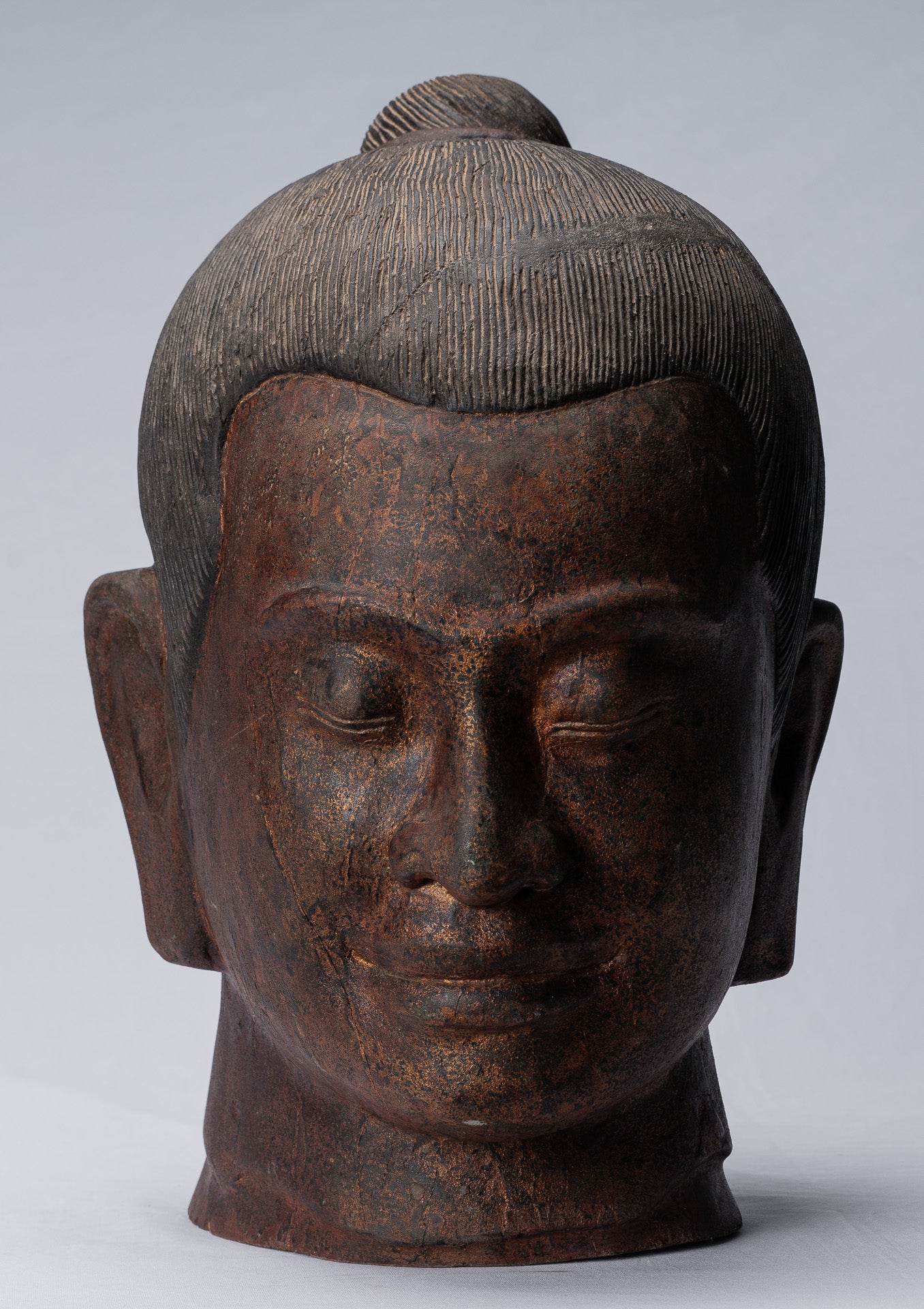 Jayavarman Statue - Antique Khmer Style Wood Jayavarman VII Head Statue - 42cm/17"