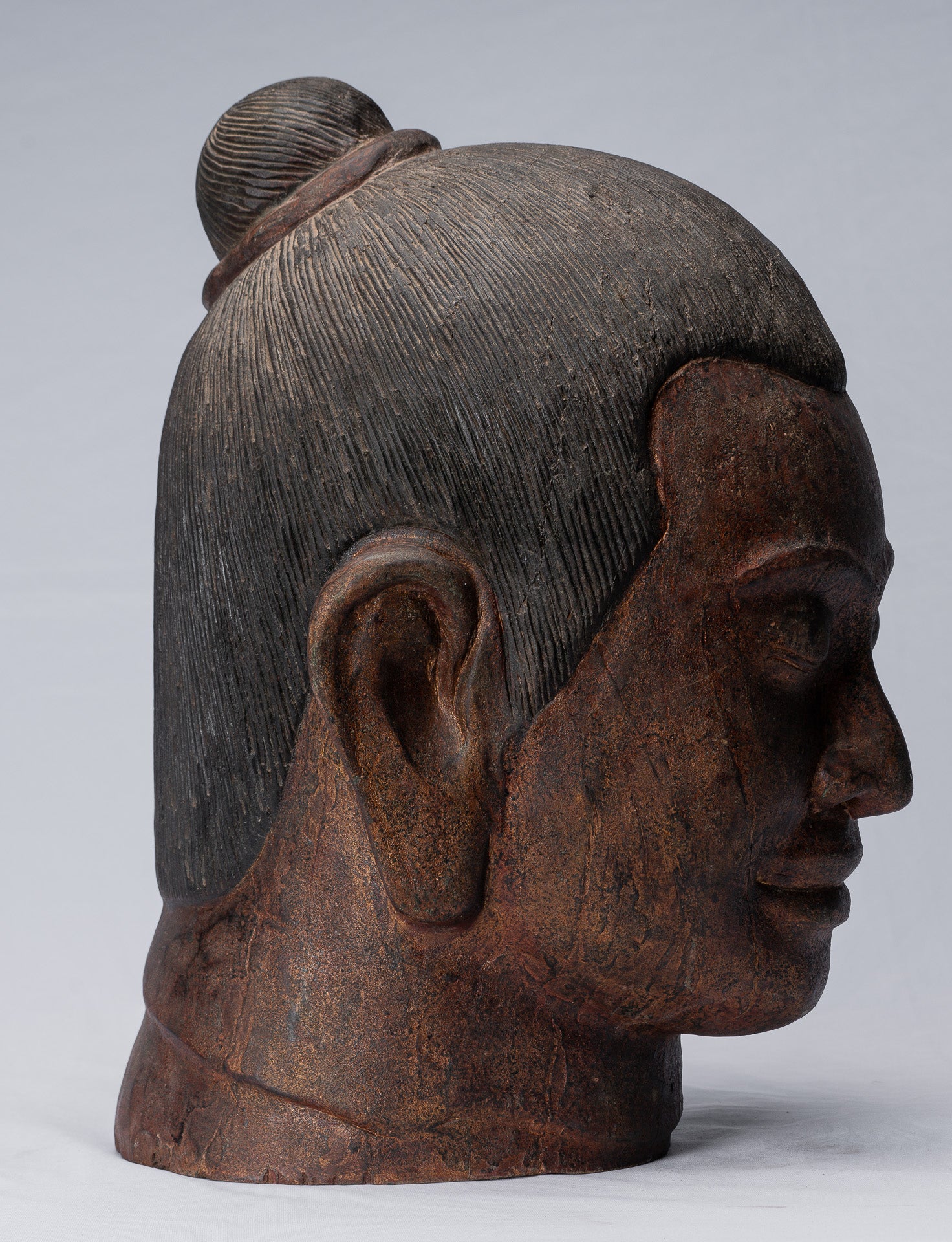 Jayavarman Statue - Antique Khmer Style Wood Jayavarman VII Head Statue - 42cm/17"