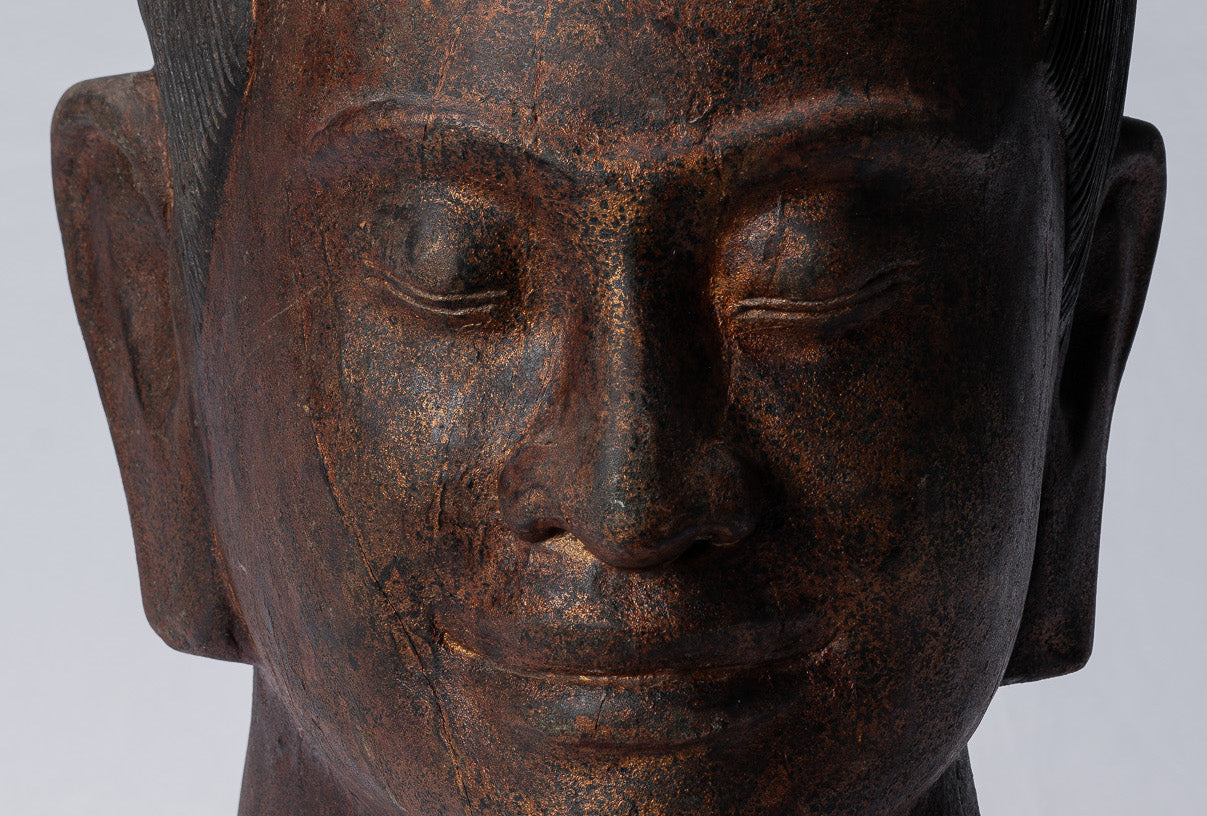 Jayavarman Statue - Antique Khmer Style Wood Jayavarman VII Head Statue - 42cm/17"
