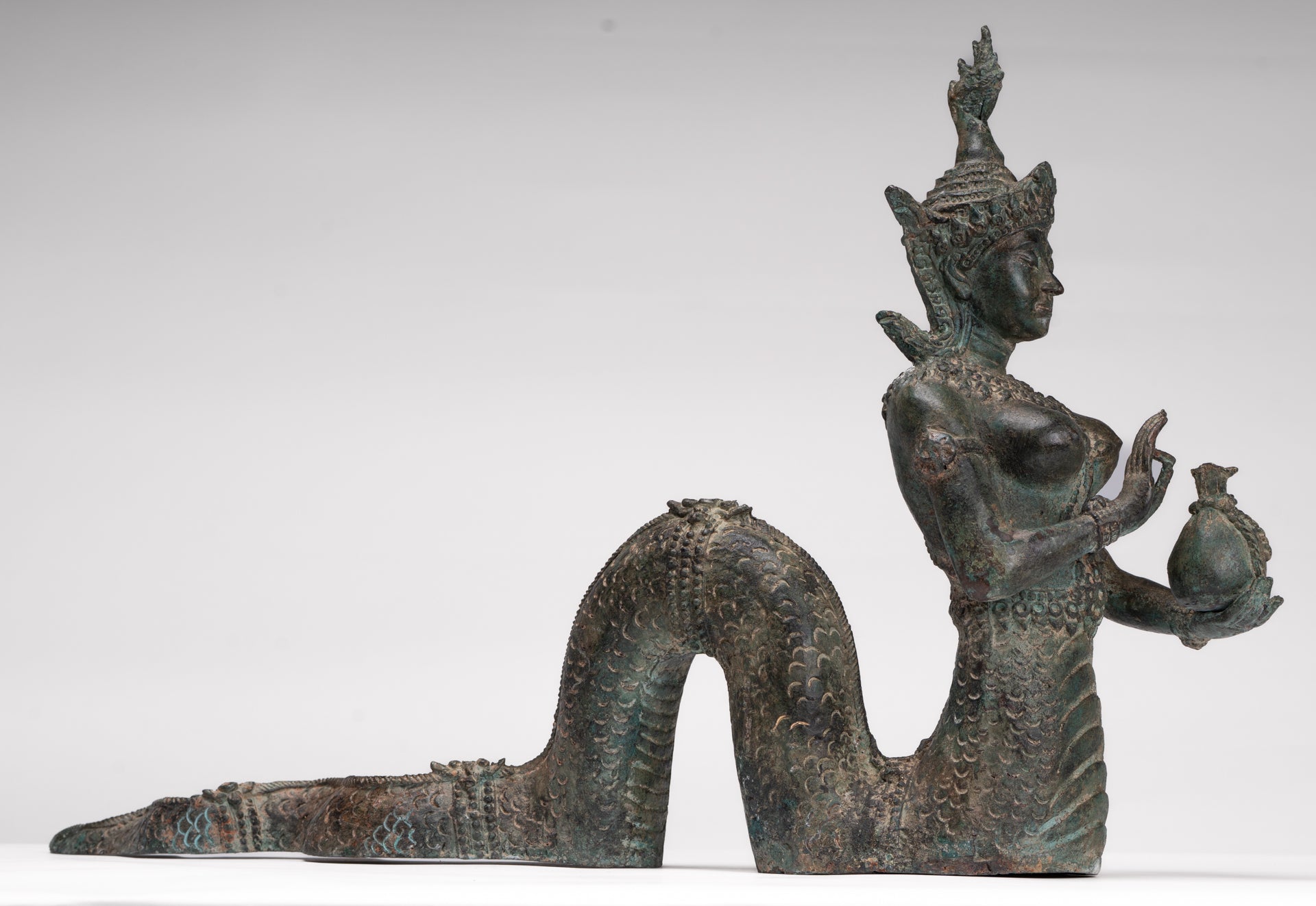 Naga Statue - Antique Thai Style Bronze Female Deity with Naga Tail Statue - 41cm/16"