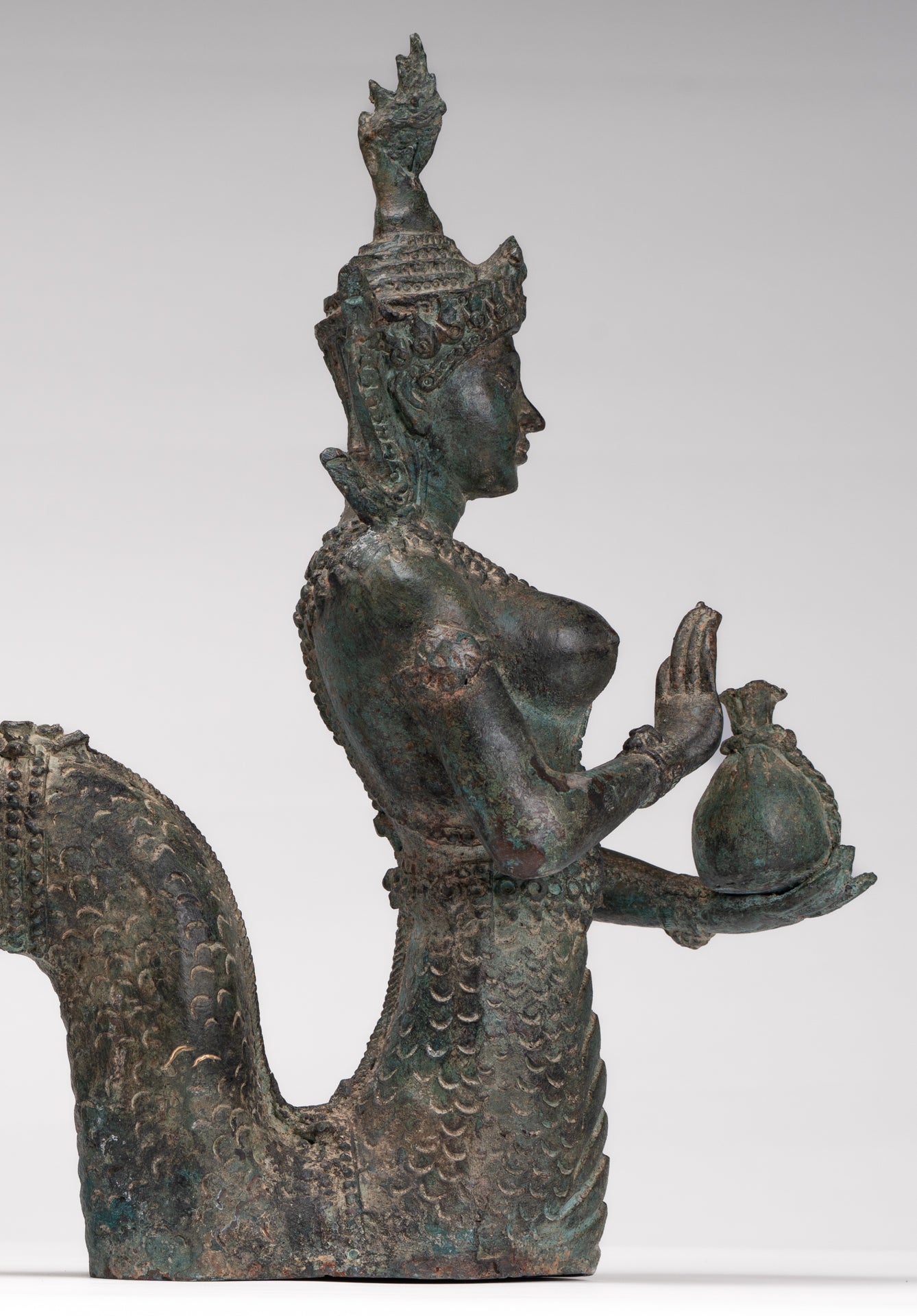 Naga Statue - Antique Thai Style Bronze Female Deity with Naga Tail Statue - 41cm/16"