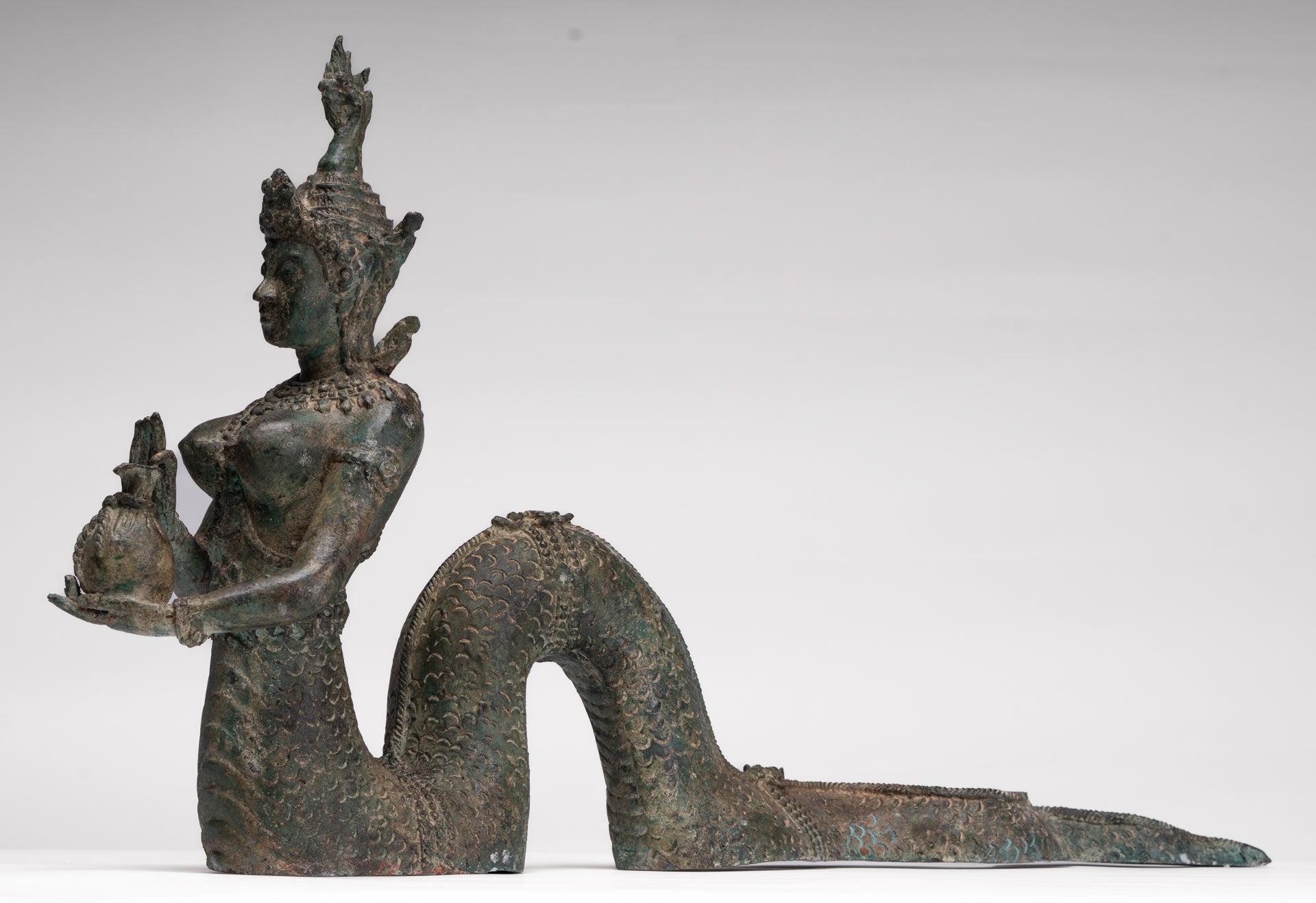 Naga Statue - Antique Thai Style Bronze Female Deity with Naga Tail Statue - 41cm/16"