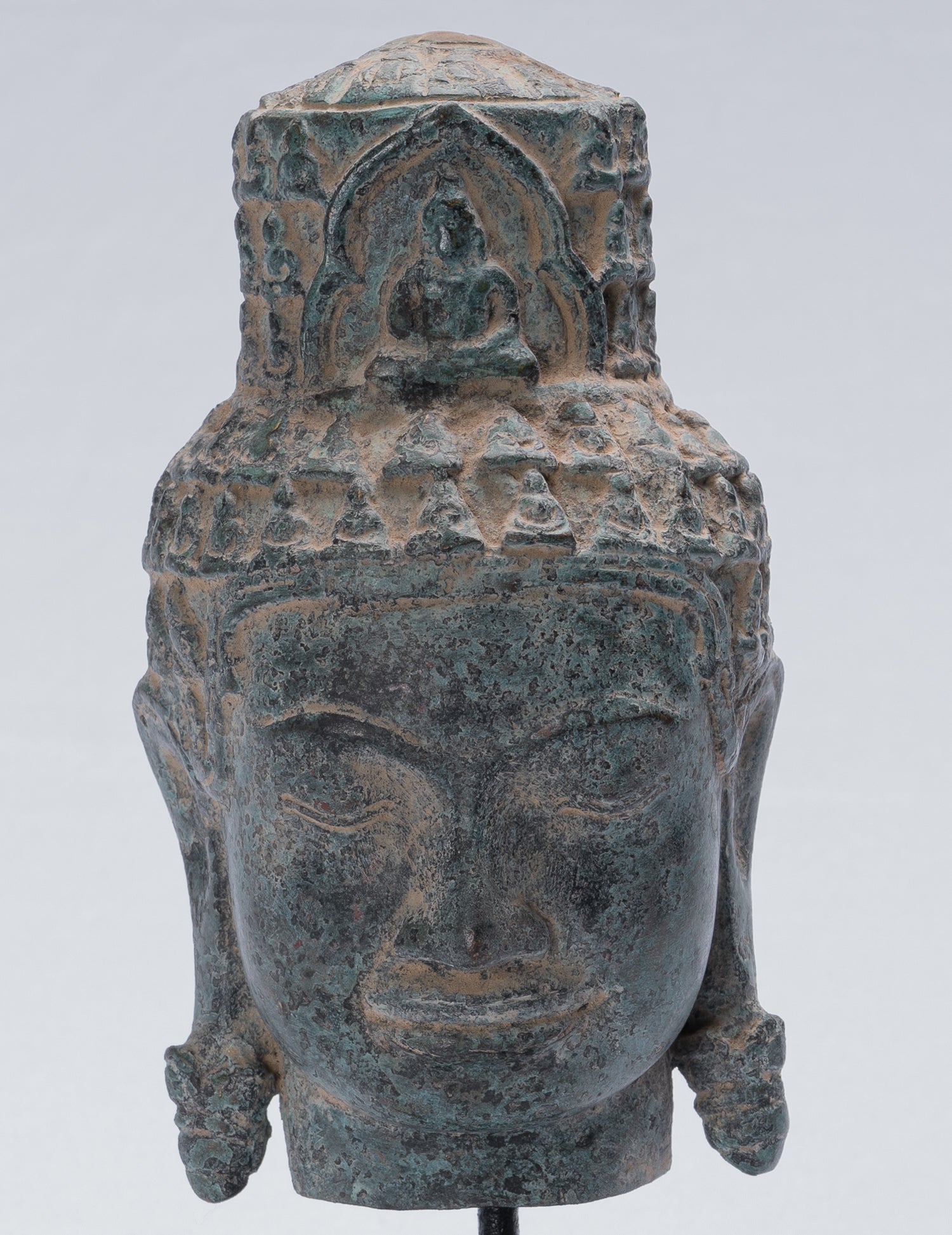Antique Khmer Style Bronze Bayon Style Lokeshvara Head - 24cm/10"