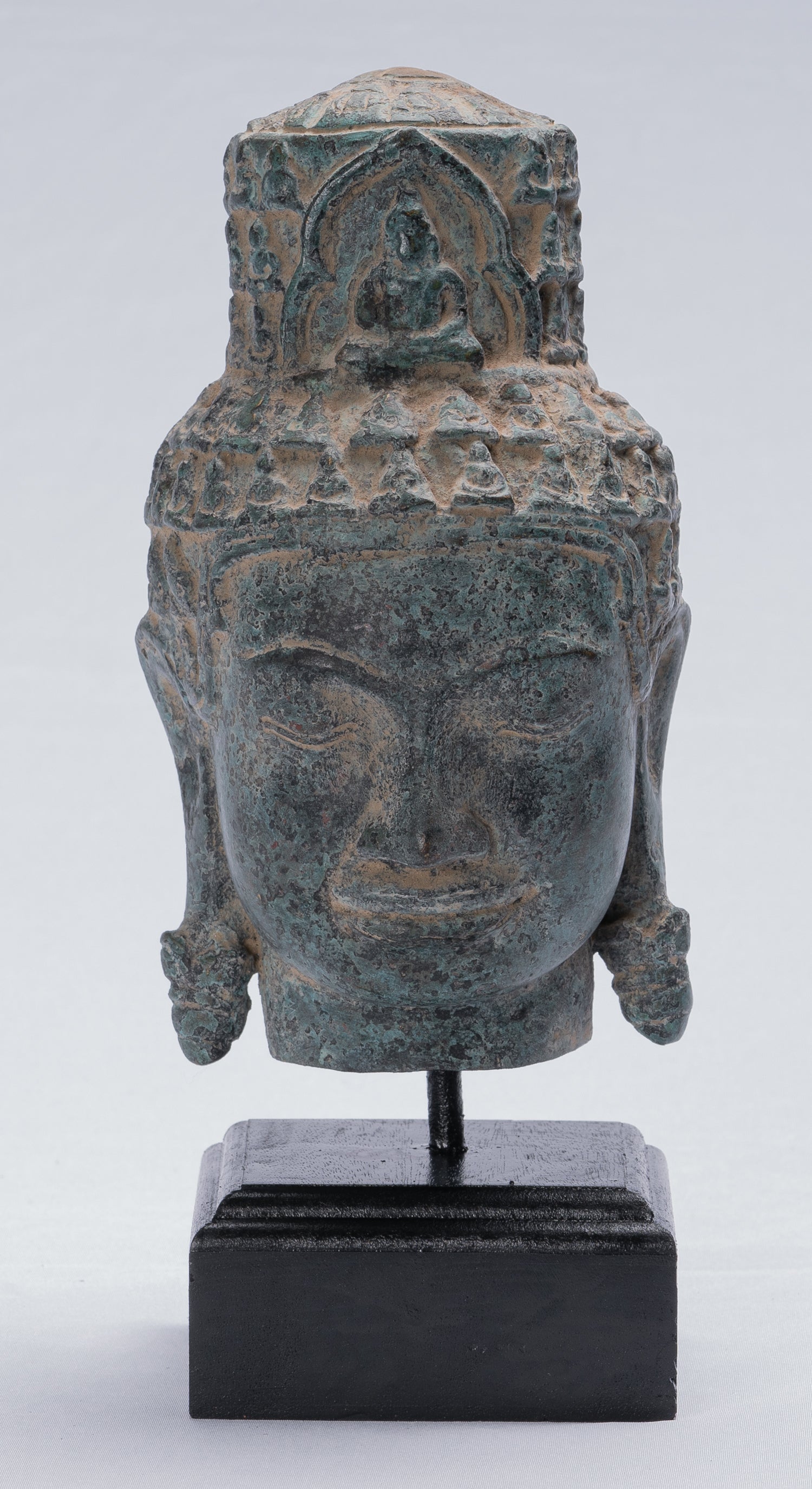 Antique Khmer Style Bronze Bayon Style Lokeshvara Head - 24cm/10"