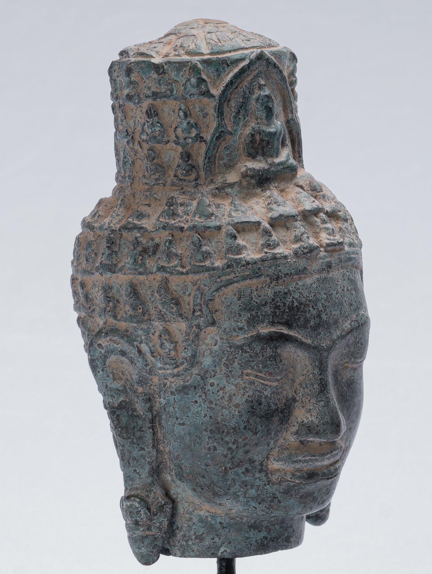 Antique Khmer Style Bronze Bayon Style Lokeshvara Head - 24cm/10"