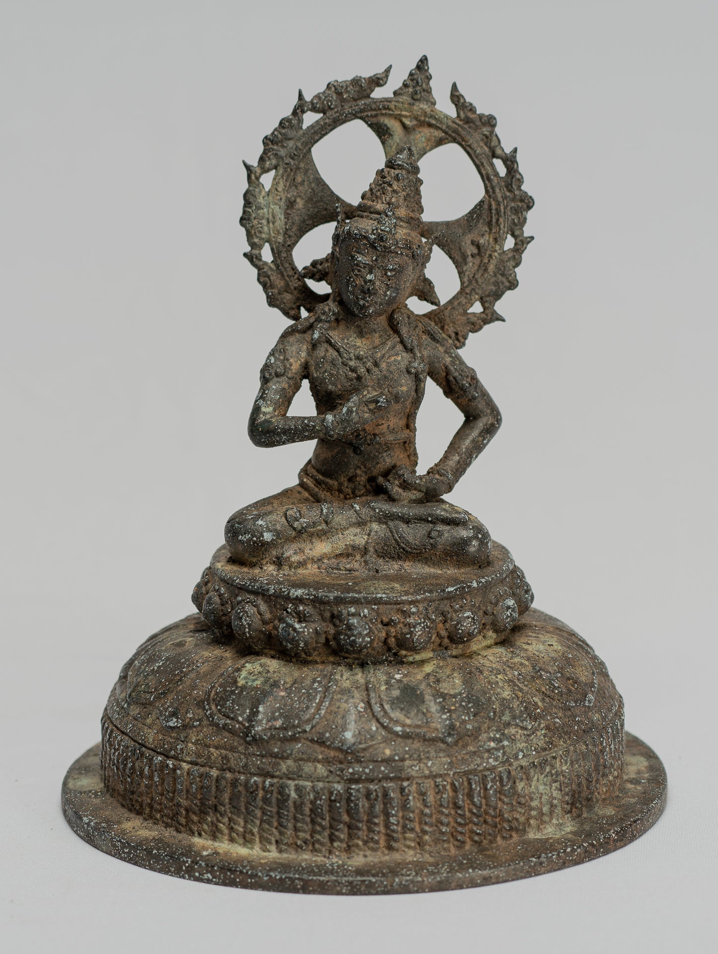 Tara Statue - Antique Java Style Majapahit Seated Bronze Devi Tara Statue - 18cm/7"