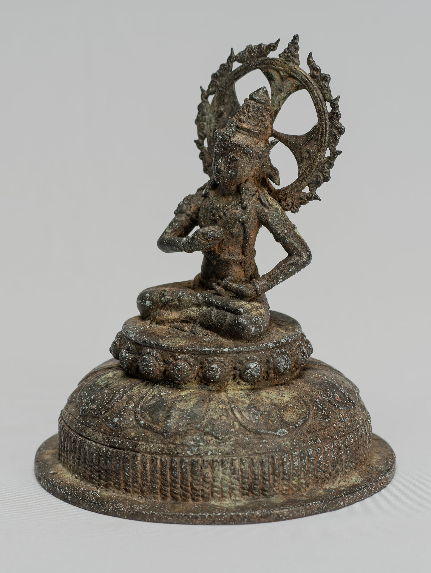 Tara Statue - Antique Java Style Majapahit Seated Bronze Devi Tara Statue - 18cm/7"