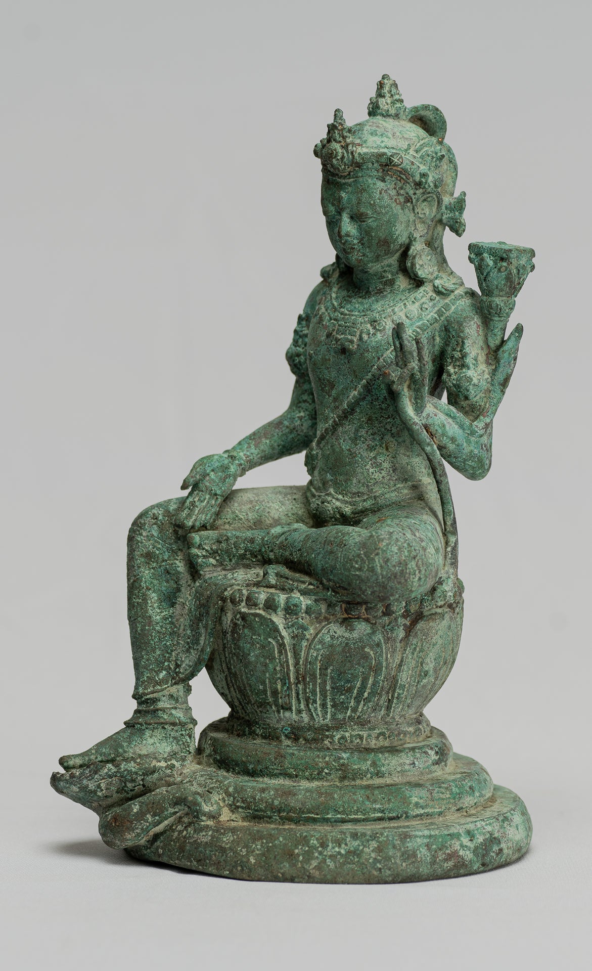 Tara Statue-Antique Java Style Majapahit Seated Bronze Devi Tara Statue-20.5cm/8"