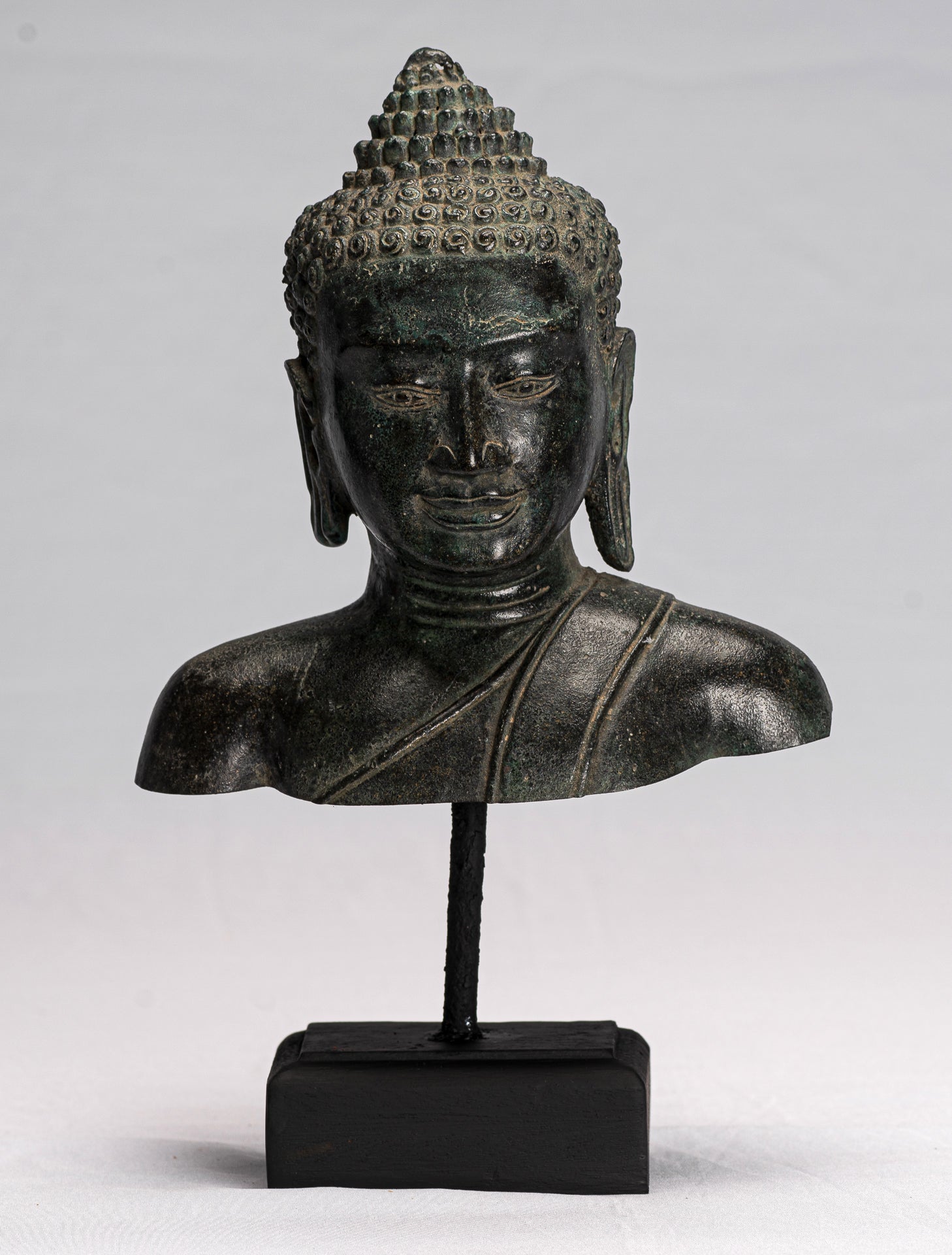 Statue de Bouddha – Statue de tête de Bouddha en bronze Dvaravati montée de style thaïlandais antique – 31 cm/12"