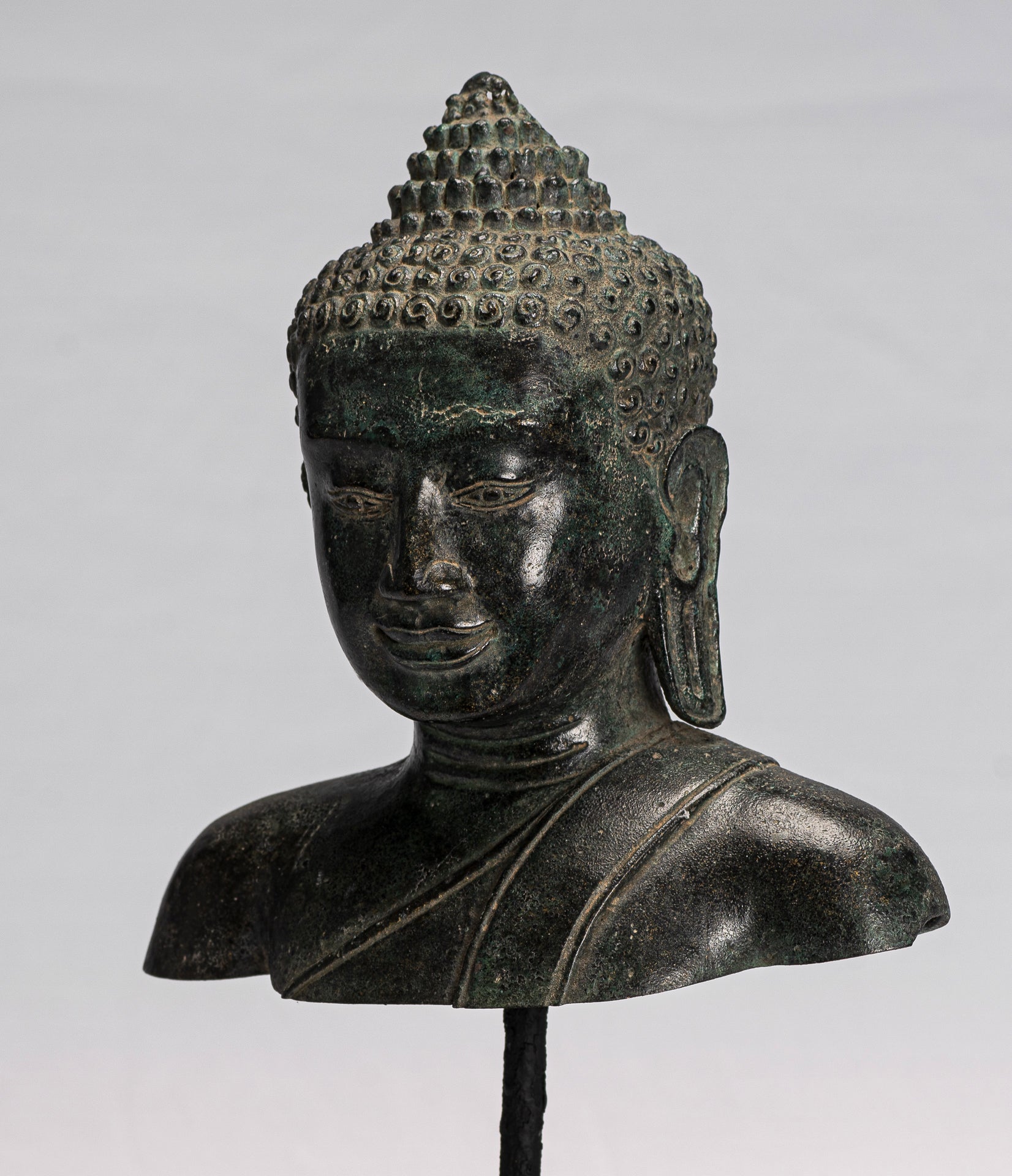 Statue de Bouddha – Statue de tête de Bouddha en bronze Dvaravati montée de style thaïlandais antique – 31 cm/12"
