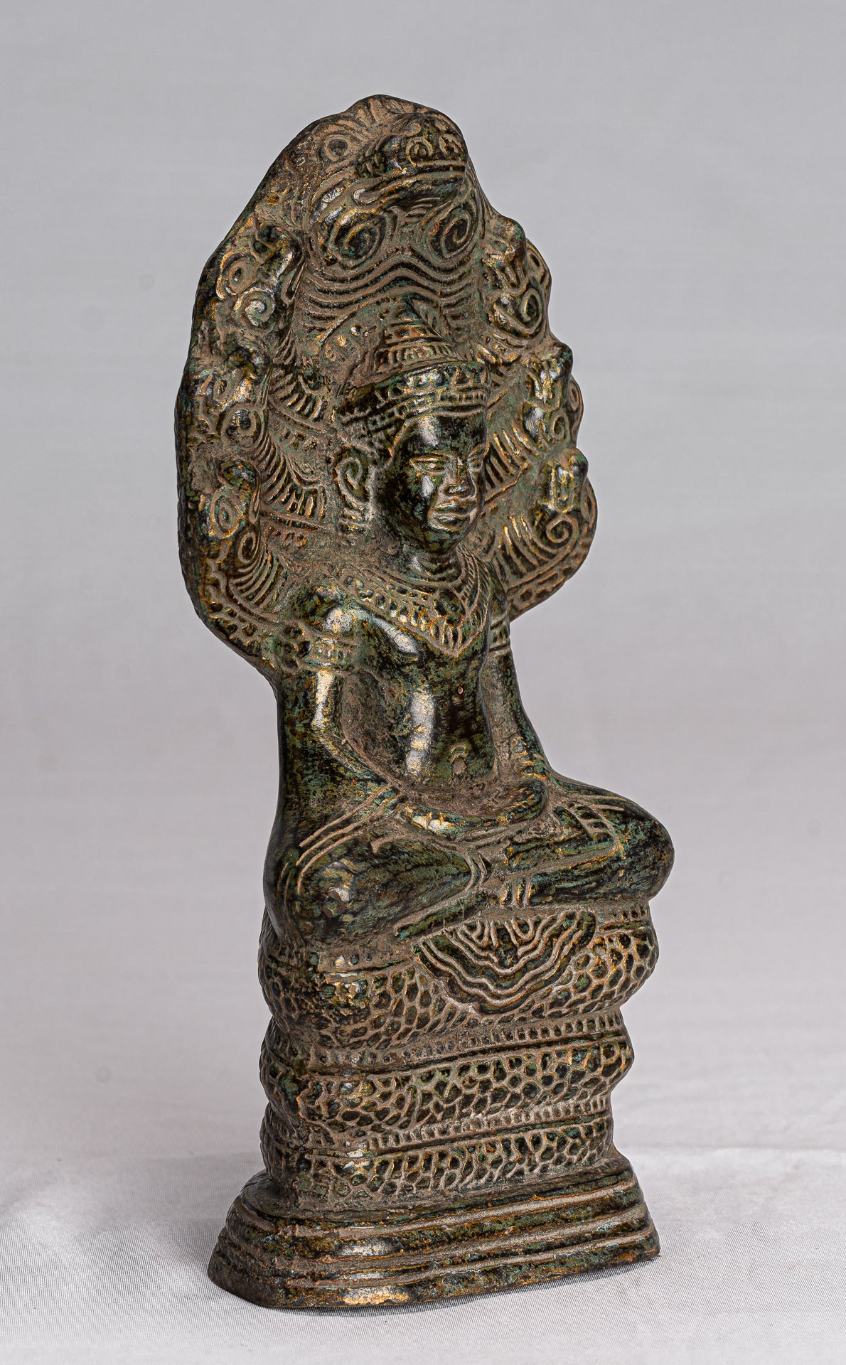 Buddha Statue-Antike Bayon Style Khmer Seated Bronze Naga Meditation Buddha-21cm/8 "