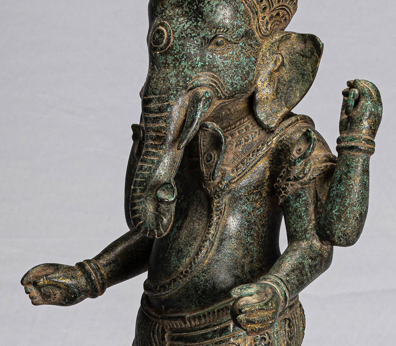 Ganesha Statue - Antique Khmer Style Mounted Standing Bronze Angkor Wat Ganesha Statue - 59cm/24"
