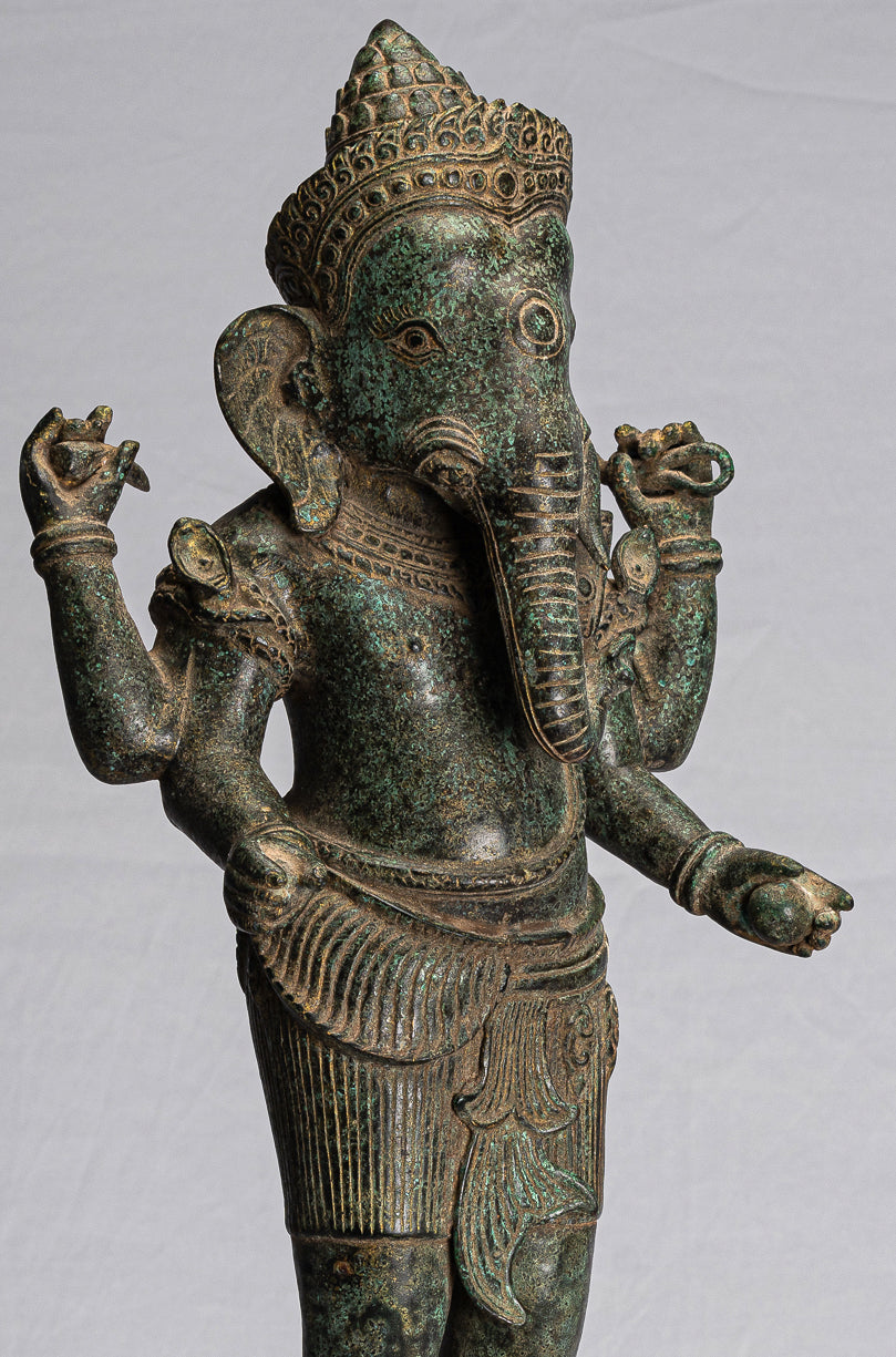 Ganesha Statue - Antique Khmer Style Mounted Standing Bronze Angkor Wat Ganesha Statue - 59cm/24"