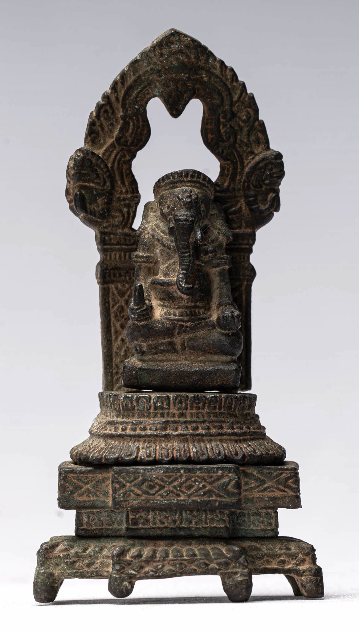 Ganesha Statue - Antique Thai Style Enthroned Bronze Seated Ganesha Statue - 11cm/4"