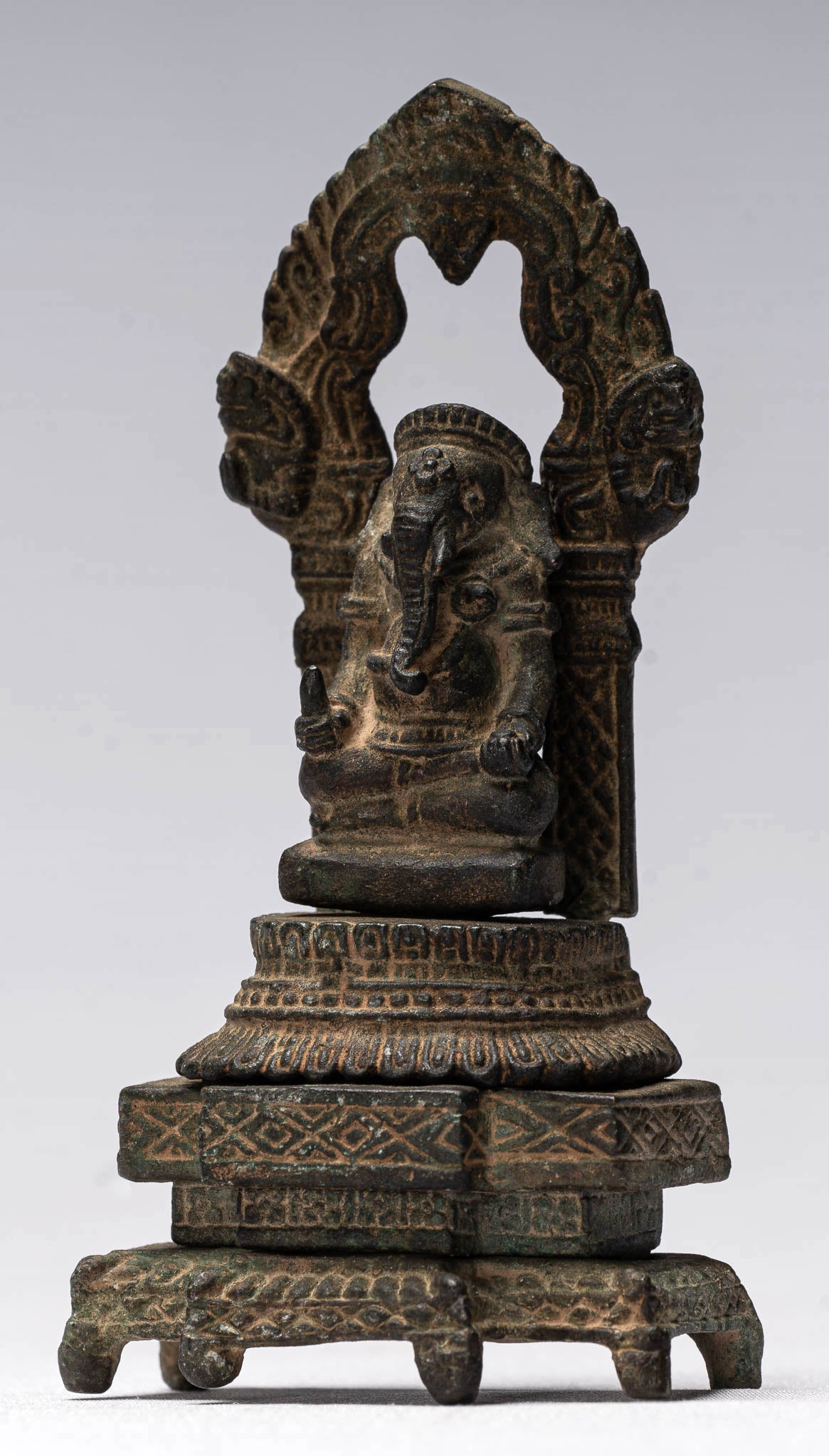 Ganesha Statue - Antique Thai Style Enthroned Bronze Seated Ganesha Statue - 11cm/4"