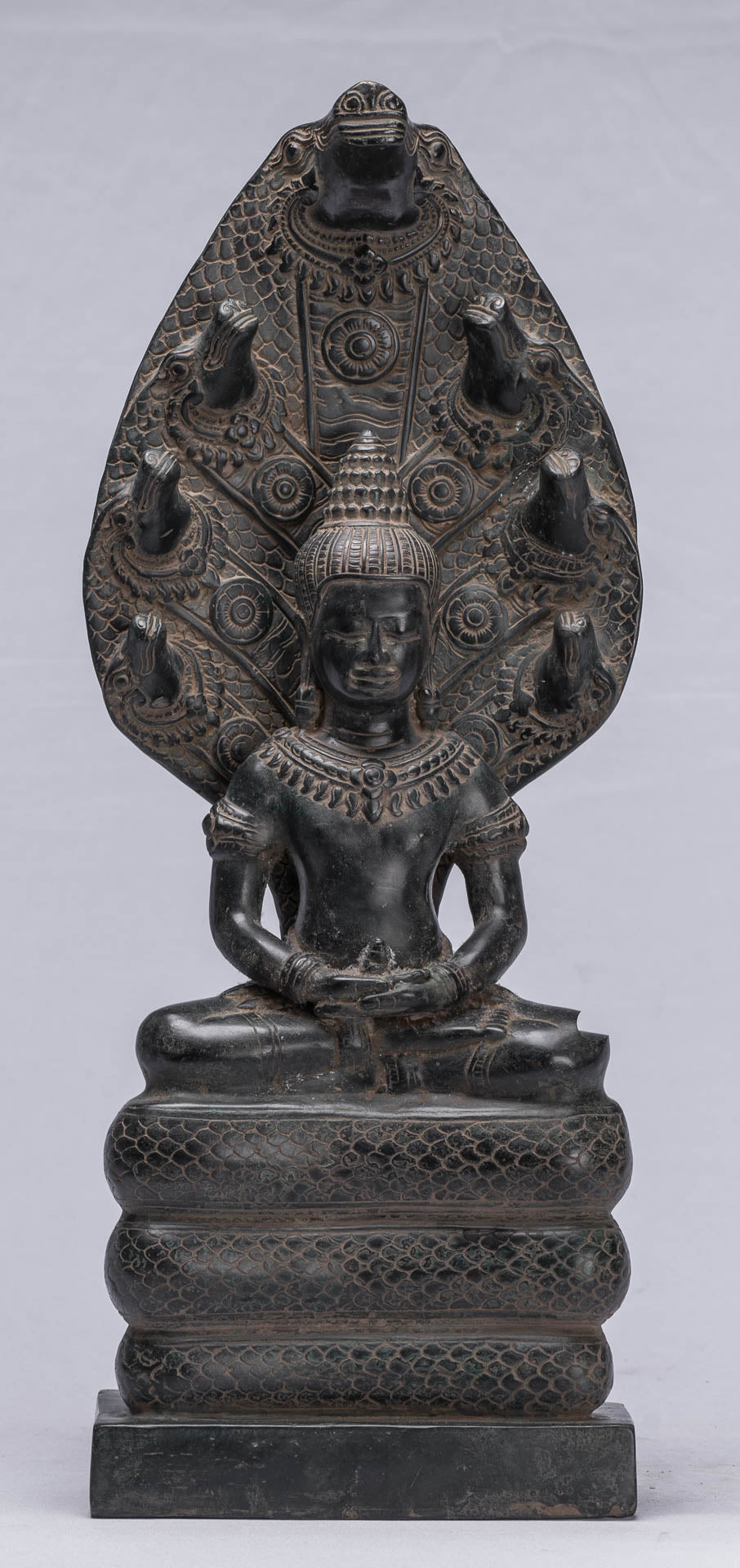 Statue di Buddha - Antique Bayon in stile bayon Khmer seduto in bronzo Naga Meditazione Buddha - 43 cm/17 "
