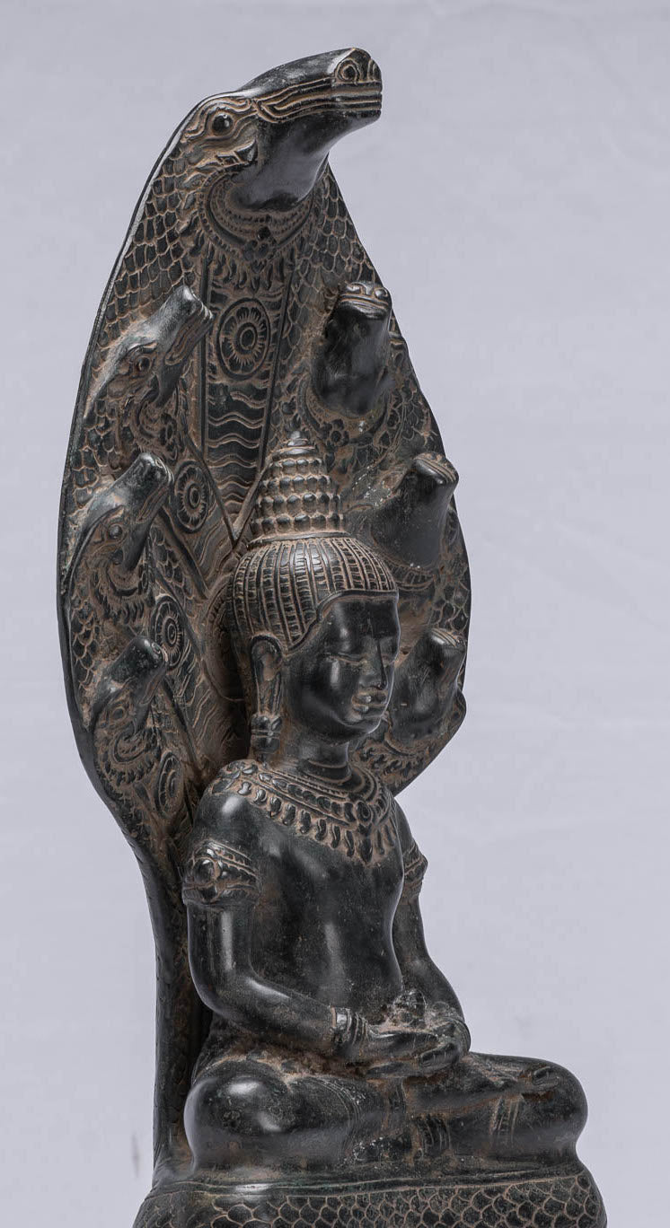 Statue di Buddha - Antique Bayon in stile bayon Khmer seduto in bronzo Naga Meditazione Buddha - 43 cm/17 "