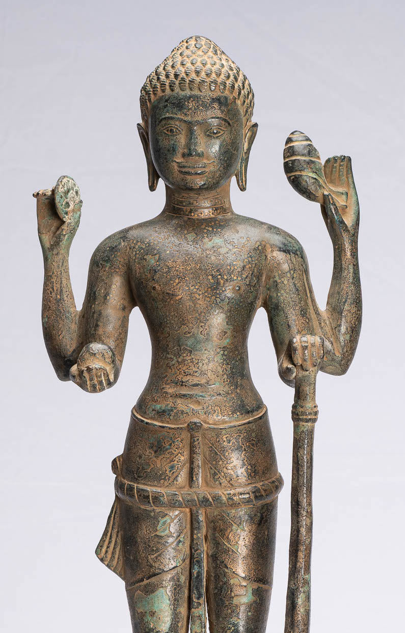 Statue antique de Vishnu debout en bronze de style khmer – Protecteur – 54 cm/22"