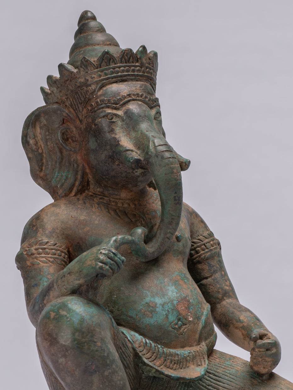 Ganesha Statue - Antique Thai Style Bronze Kneeling Ganesh Statue - 25cm/10"