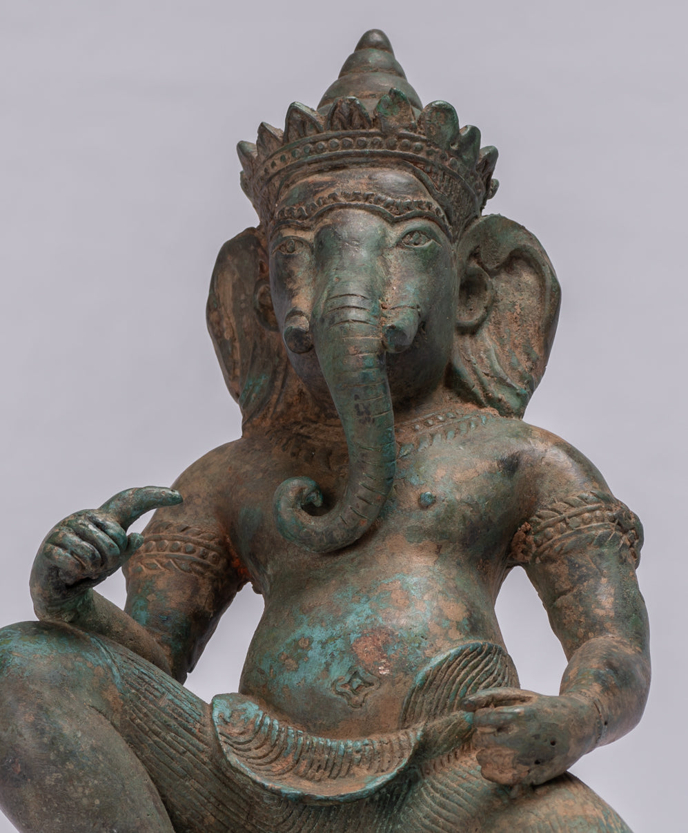 Ganesha Statue - Antique Thai Style Bronze Kneeling Ganesh Statue - 25cm/10"