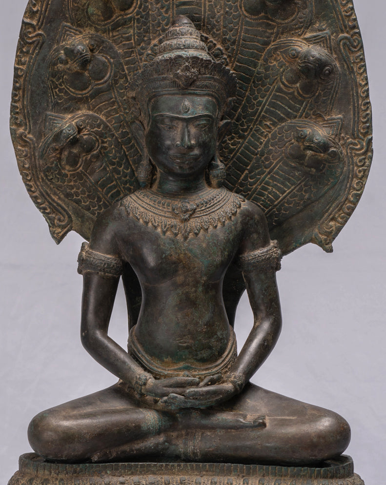 Statue de Bouddha-Antique Thaï Style Bronze Seated Meditation Naga Bouddha Statue-66cm/26 "