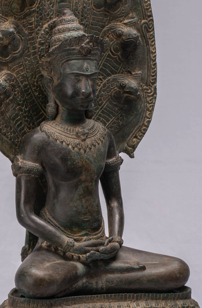 Statue de Bouddha-Antique Thaï Style Bronze Seated Meditation Naga Bouddha Statue-66cm/26 "