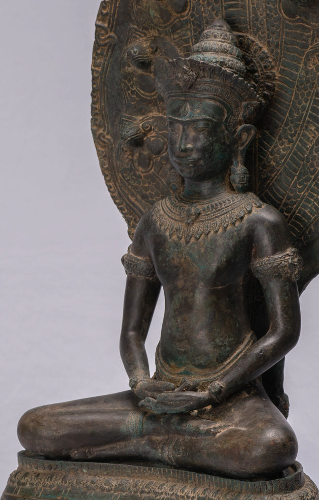 Statue de Bouddha-Antique Thaï Style Bronze Seated Meditation Naga Bouddha Statue-66cm/26 "