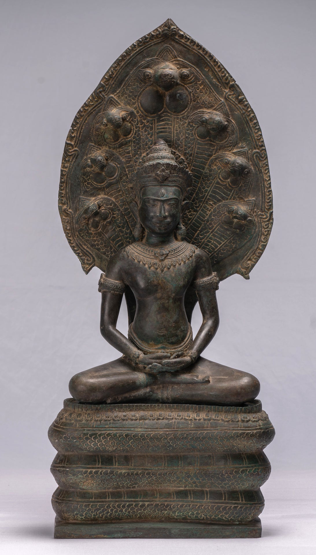 Statue de Bouddha-Antique Thaï Style Bronze Seated Meditation Naga Bouddha Statue-66cm/26 "