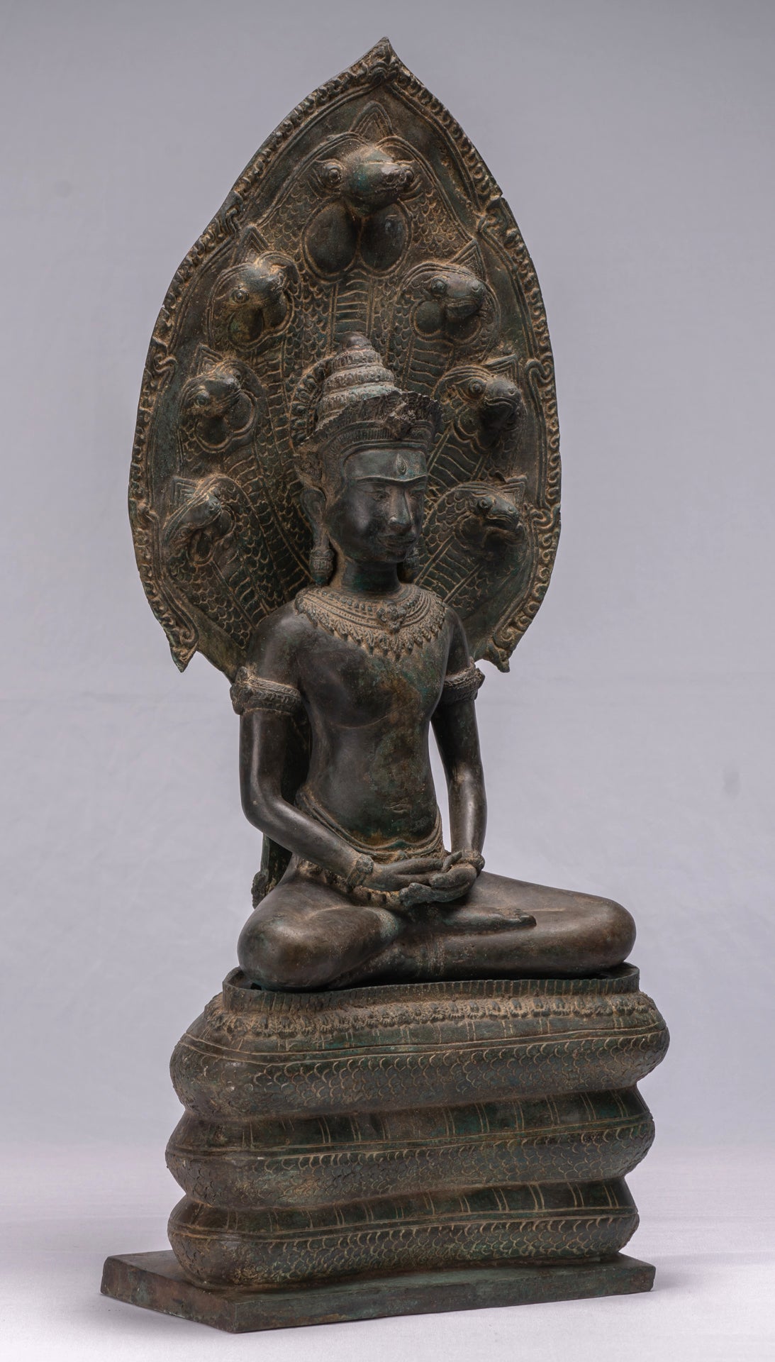 Statue de Bouddha-Antique Thaï Style Bronze Seated Meditation Naga Bouddha Statue-66cm/26 "