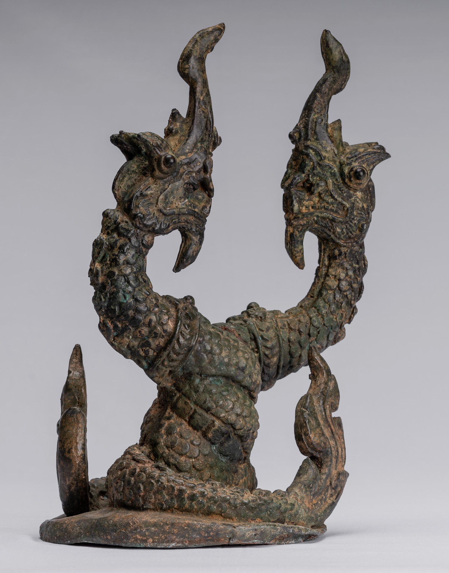 Antike Thai Style Bronze Zwei Kopf Protective Naga, Schlange oder Serpent Statue-30cm/12 "