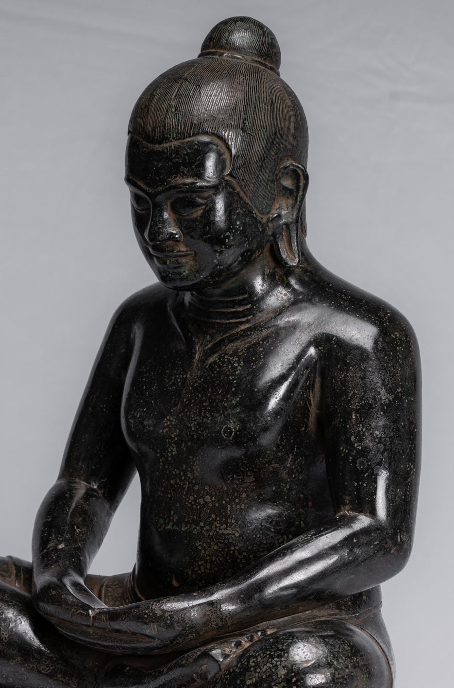 Antique Khmer Style Seated Bronze Meditation Jayavarman VII Statue - 42cm/17"